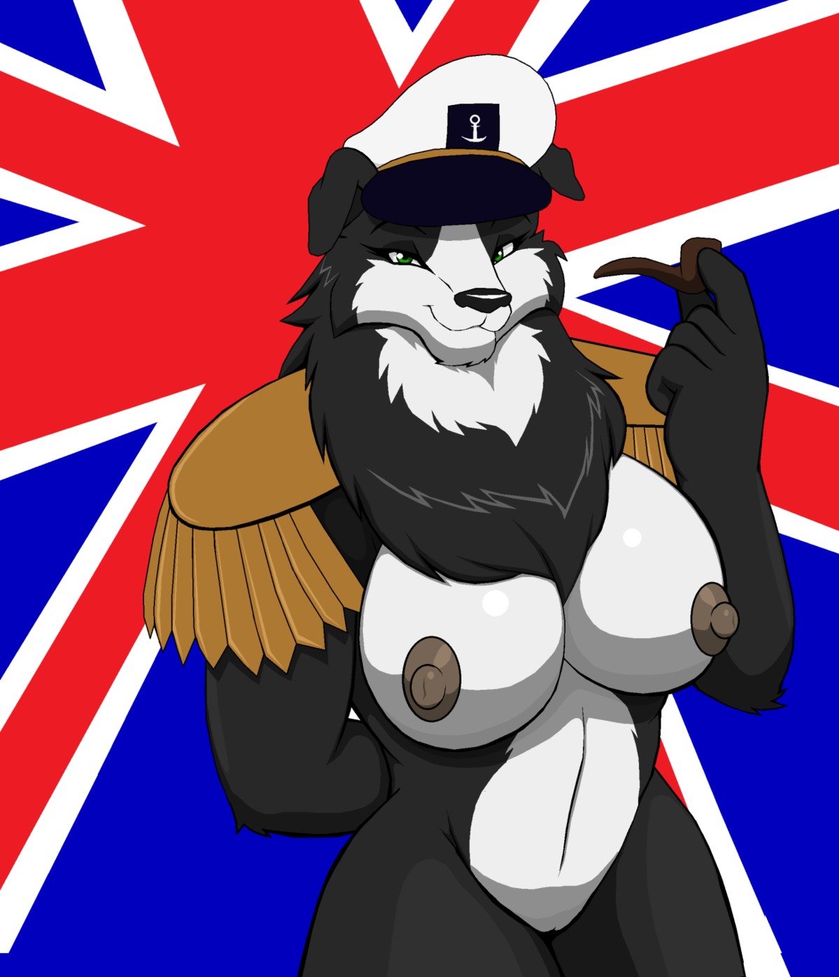 admiral anthro big_breasts black_nose border_collie breasts britain british canid canine canis chest_tuft clothing collie domestic_dog droll3 e621 emmy_(droll3) england female fur green_eyes hat headgear headwear herding_dog hi_res mammal nipples nude parody pastoral_dog pipe sheepdog smoking_pipe solo tuft union_jack united_kingdom world_war world_war_2