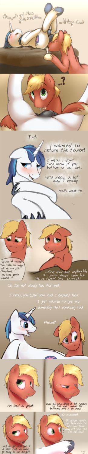 absurd_res anal anus balls balls_on_face bed big_macintosh_(mlp) blonde_hair blue_hair blush bodily_fluids braeburned comic cum cum_from_ass cum_in_ass cum_inside cutie_mark dialogue digital_media_(artwork) duo e621 earth_pony english_text equid equine eye_contact eyes_closed felching feral feral_on_feral feral_pov first_person_view flaccid friendship_is_magic fur furniture genital_fluids genitals hair hasbro hi_res horn horse legs_up long_image looking_at_another looking_at_partner looking_at_viewer looking_pleasured lying male male/male male_penetrated male_penetrating male_penetrating_male male_pov male_rimming_male mammal multiple_scenes my_little_pony mythological_creature mythological_equine mythology on_back open_mouth oral penetration penile penis pony precum red_body red_fur rimming sex shaded shining_armor_(mlp) simple_background smile tall_image text unicorn white_body white_fur