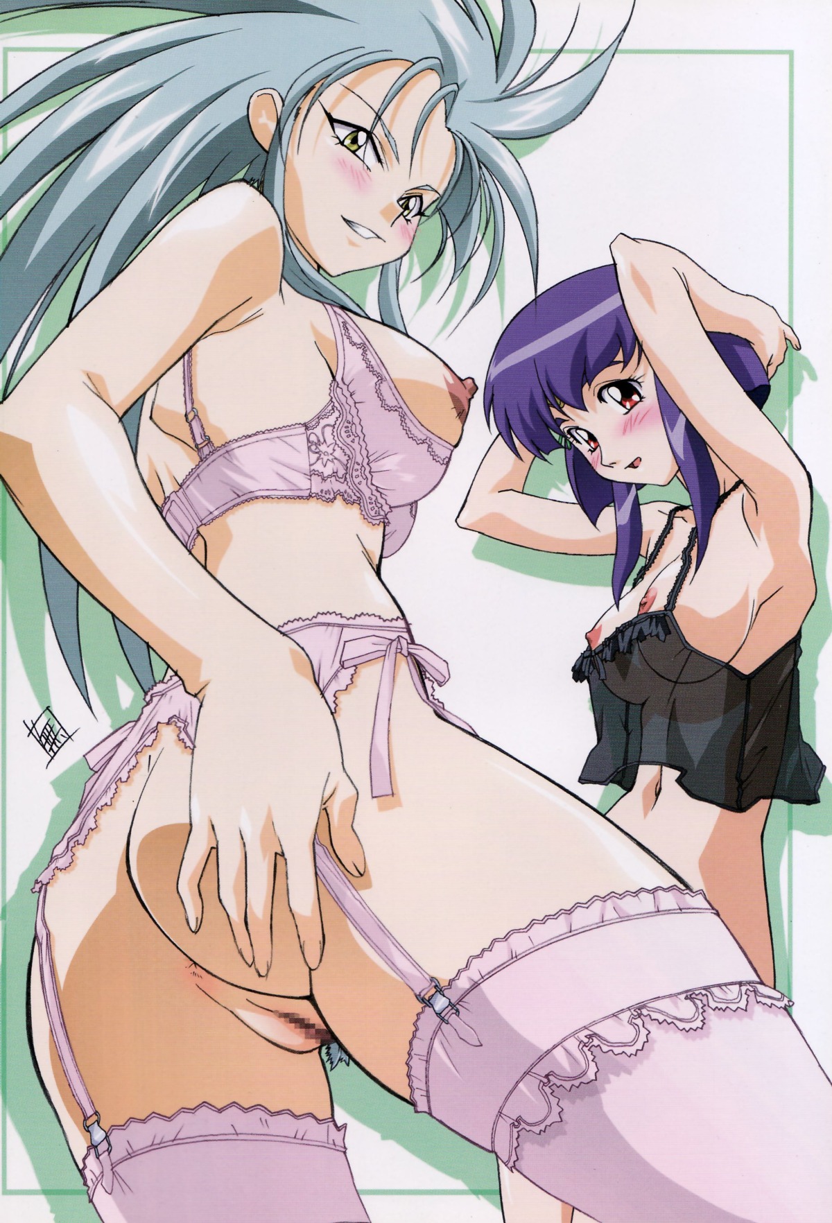 2girls ass ayeka_masaki_jurai blush bottomless bra breasts camisole censored color colored female female_only garter_belt high_resolution kajishima_masaki kamidake_onsen lingerie long_hair miyakawa_hajime mosaic_censoring nipples pink_bra pussy rule34 ryoko_hakubi see-through tenchi_muyo! thighhighs underwear