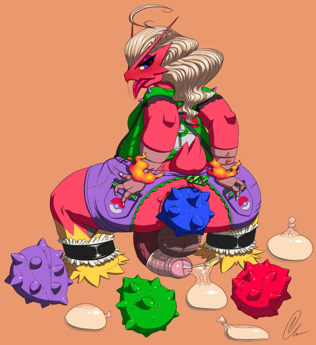 anal anal_penetration anthro avian backsack balls big_balls big_penis biped bird blaziken blue_eyes blush bodily_fluids butt claws condom cum cumshot drooling e621 egg ejaculation erection femboy filled_condom fire foreskin generation_3_pokemon genital_fluids genitals hair hi_res humanoid_genitalia humanoid_penis large_penetration looking_at_viewer looking_back male moobs nintendo orgasm partially_retracted_foreskin penetration penis pokemon pokemon_(species) presenting saliva saliva_string sex_toy sexual_barrier_device slightly_chubby solo spikes suspenders tongue tongue_out vein wearing_condom zeeman zipper