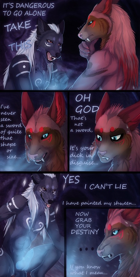 2014 abs akiak_(iluq) ambiguous_gender anthro balls blue_eyes blue_penis canid canine claws comic delasangre dialogue dra'essa duo e621 english_text erection fangs genitals glowing glowing_genitalia glowing_penis hair hashire male mammal nude open_mouth penis red_hair smile star_bomb tattoo teeth text tongue tongue_out white_hair