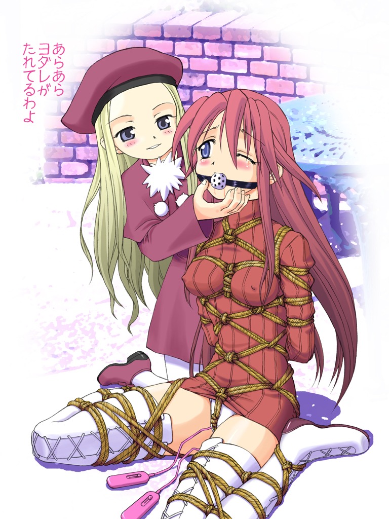 ball_gag beret blonde_hair blue_eyes blush bondage breast_bondage breasts chin_grab crotch_rope female femdom gag gagged hat hishinawa_shibari matanawa multiple_females multiple_girls nonude panties rule34 saliva spark_utamaro underwear vibrator yuri