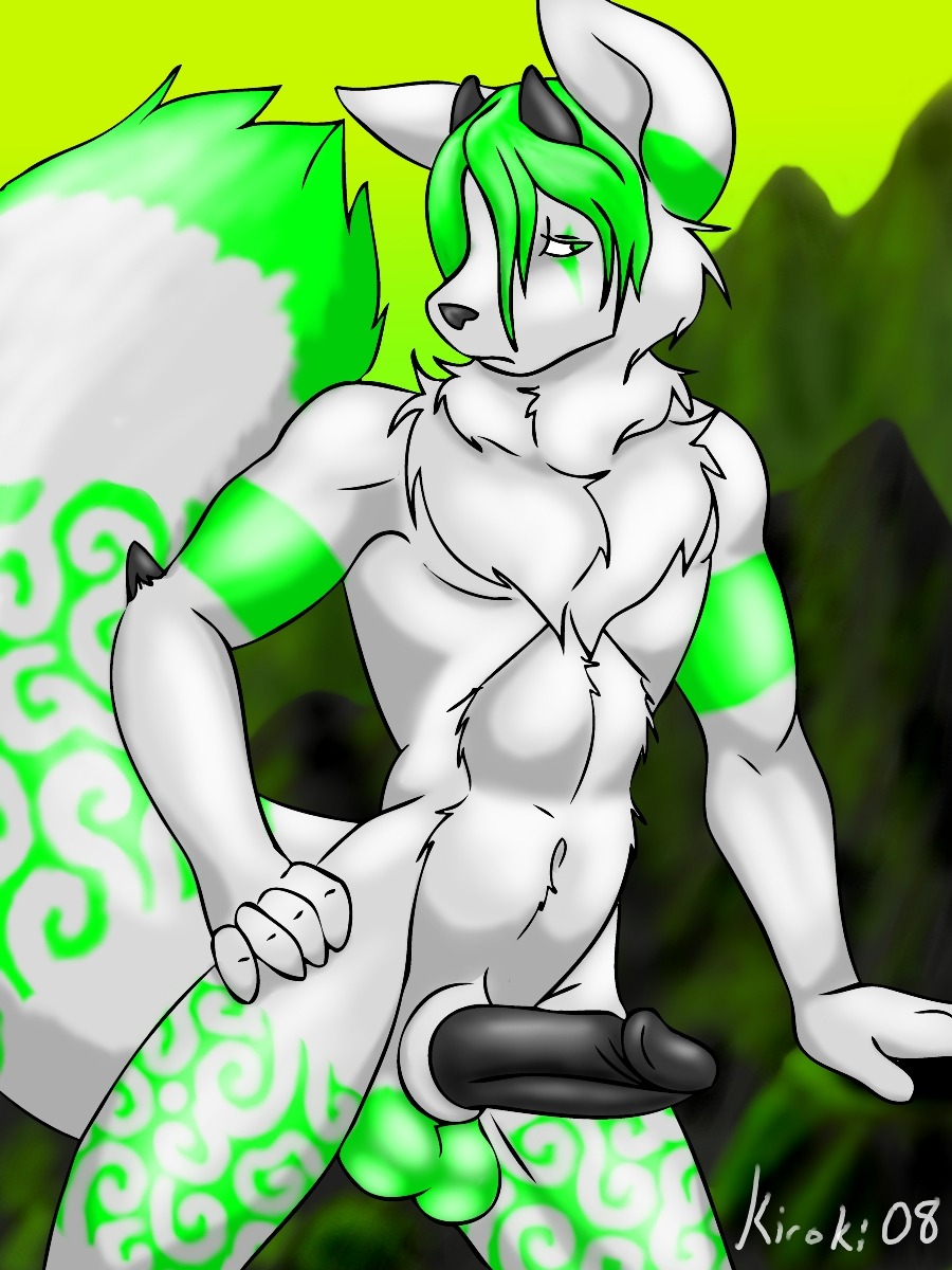 3:4 animal_genitalia anthro balls big_balls chest_tuft demon e621 erection fur garren genitals hi_res horn humanoid_genitalia humanoid_penis kiroki male nude penis sheath solo tail tuft