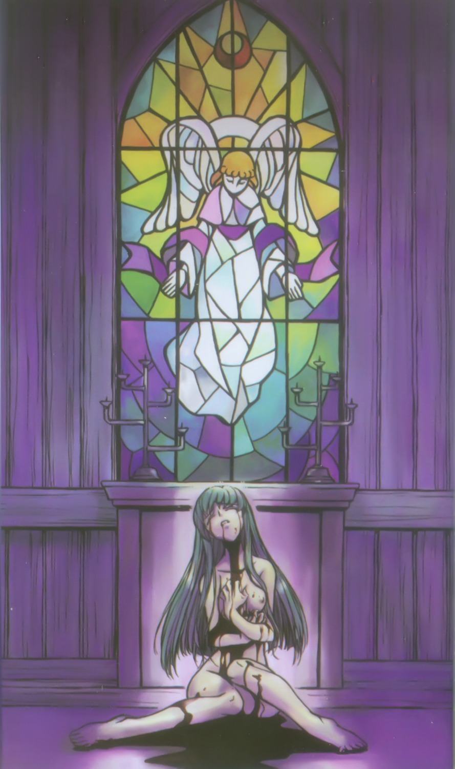 1girls blood breasts c.c. church closed_eyes code_geass female green_hair high_resolution kimura_takahiro nipples nude ookouchi_ricca pain rule34 sitting solo stained_glass window