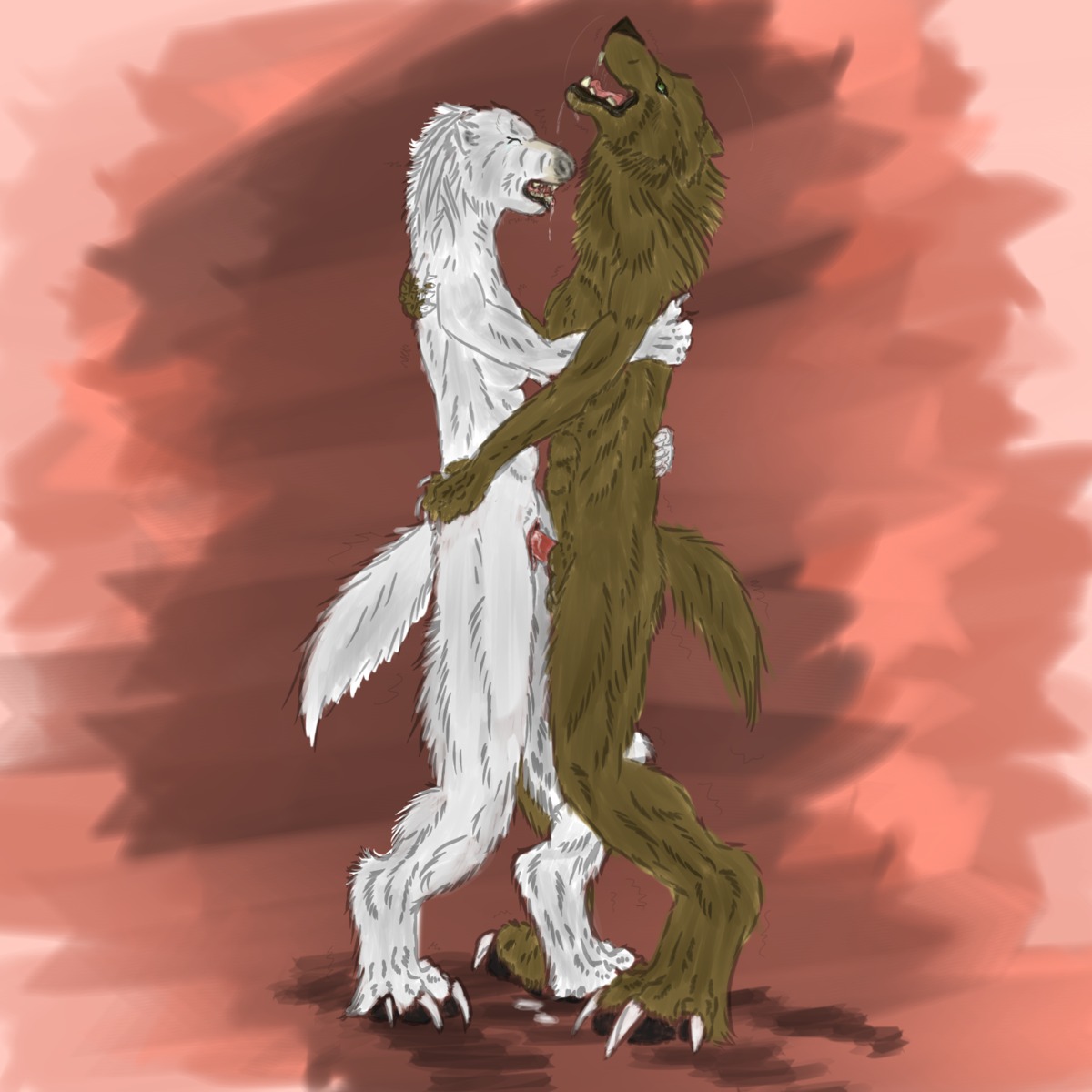 1:1 abstract_background anthro bodily_fluids brown_body brown_fur canid canine canis claws drooling duo e621 erection eyes_closed female female_penetrated fur genitals hi_res male male/female male_penetrating male_penetrating_female mammal mythological_canine mythological_creature mythology nude open_mouth penetration penile penile_penetration penis penis_in_vagina red_background saliva sex side_view simple_background skinny standing tears vaginal vaginal_penetration vulva werecanid werecanine werecreature werewolf white_body white_claws white_fur wolf wolfpuber_(artist)