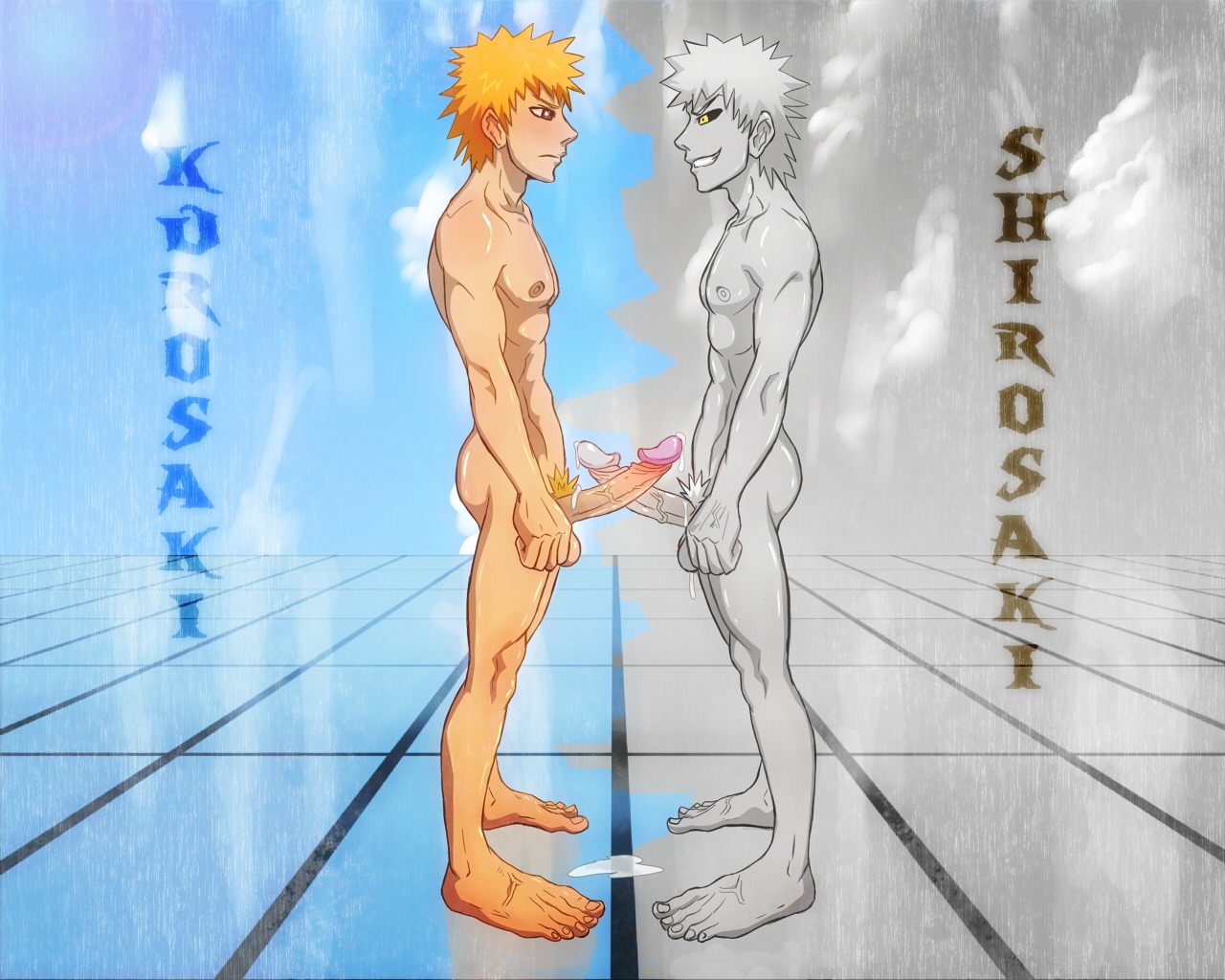 2boys anma barefoot bleach crossed_penises cum feet foreskin fully_retracted_foreskin gay hollow hollow_ichigo ichigo_kurosaki male male_only penis retracted_foreskin rule34 uncircumcised yaoi zangetsu