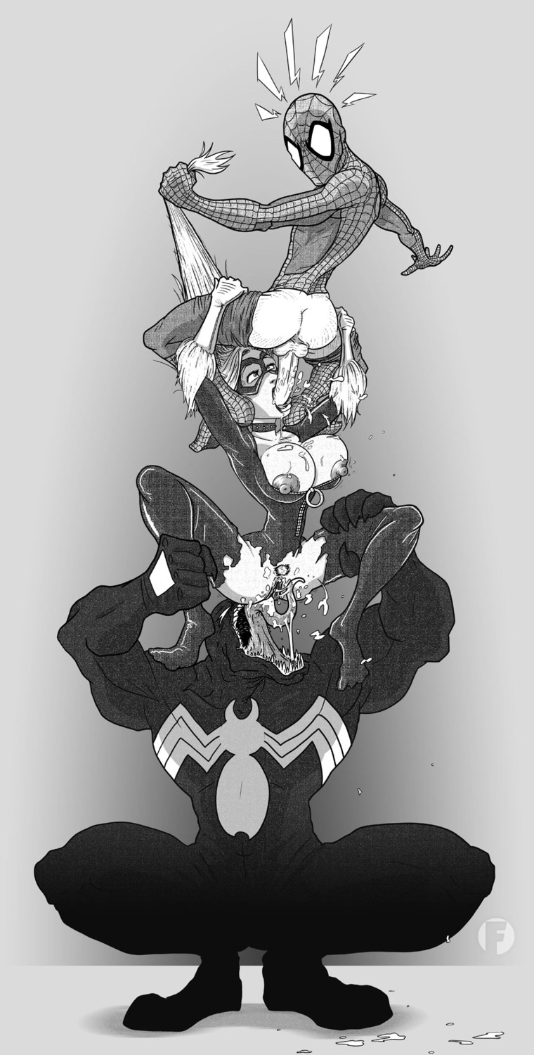 1girls 2boys black_and_white black_cat_(marvel) felicia_hardy female human male marvel marvel_comics monochrome rule34 spider-man spider-man_(series) straight straight_hair symbiote venom_(marvel)