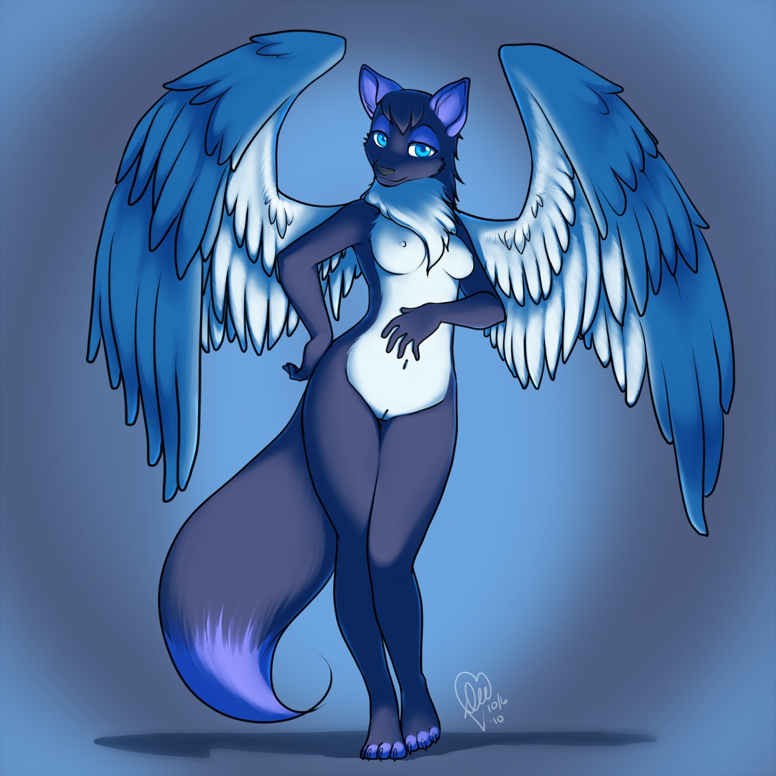 anthro blue_eyes blue_fur breasts canine female fur furry kittydee looking_at_viewer nude pussy rule34 solo standing wings wolf
