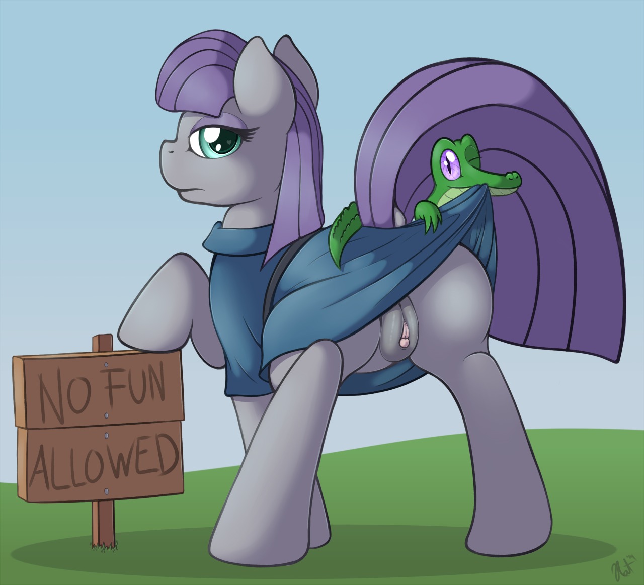 2014 alligator alligatorid butt clitoral_winking clitoris clothing crocodilian digital_media_(artwork) duo e621 earth_pony english_text equid equine female feral friendship_is_magic fur genitals grey_body grey_fur gummy_(mlp) hair half-closed_eyes hasbro heart_eyes heart_symbol horse looking_at_viewer looking_back male mammal maud_pie_(mlp) my_little_pony narrowed_eyes one_eye_closed outside pony pupils purple_eyes purple_hair raised_tail ratofdrawn reptile scalie shadow sign slit_pupils standing tail text vulva wink