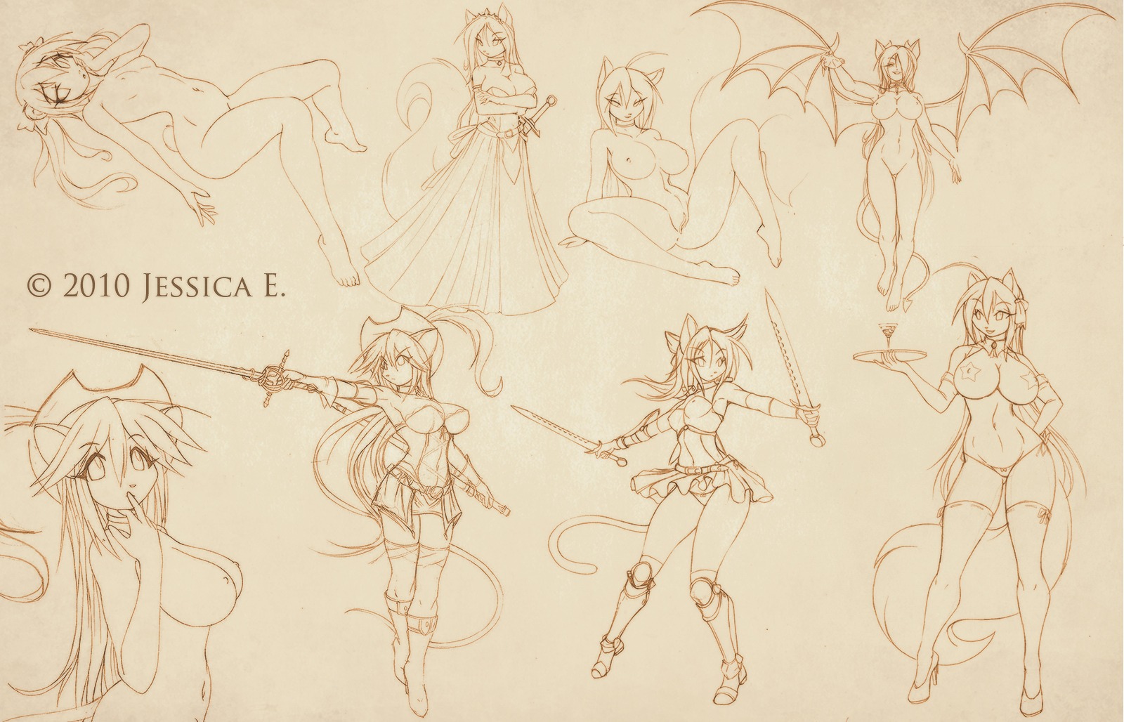 2010 accessory anthro armor barefoot bat_wings big_breasts bottomwear bow_(feature) bow_accessory bow_ribbon breasts choker clothed clothing corset crown demon domestic_cat dress e621 english_text feet felid feline felis female genitals gloves graphite_(artwork) hair_accessory hair_bow hair_ribbon handwear hat headgear headwear hi_res horn huge_breasts jewelry legwear lingerie mammal matypup melee_weapon membrane_(anatomy) membranous_wings monochrome mostly_nude mouse multiple_images murid murine necklace pasties pirate ribbons rodent sepia sketch sketch_page skimpy skirt small_breasts solo spread_legs spreading stockings sword tail text topless topwear traditional_media_(artwork) vulva waiter weapon wings young