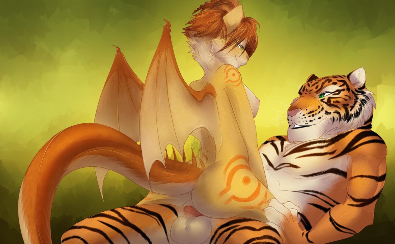 2014 anthro anthro_on_anthro balls black_stripes breasts brown_hair butt chimera claws cowgirl_position dragon duo e621 erection eye_contact felid female female_on_top female_penetrated from_front_position fur gable gable_(character) genitals green_eyes hair hybrid interspecies lion looking_at_another love lying male male/female male_on_bottom male_penetrating male_penetrating_female mammal markings membrane_(anatomy) membranous_wings muscular mythological_creature mythological_scalie mythology nude on_back on_bottom on_top orange_body orange_fur orange_skin pantherine penetration penile penile_penetration penis penis_in_vagina pink_nose romantic romantic_couple scales scalie sex smile spread_legs spreading straddling stripes tail tiger vaginal vaginal_penetration vulva whiskers white_body white_fur white_skin wings yellow_body yellow_fur yellow_skin
