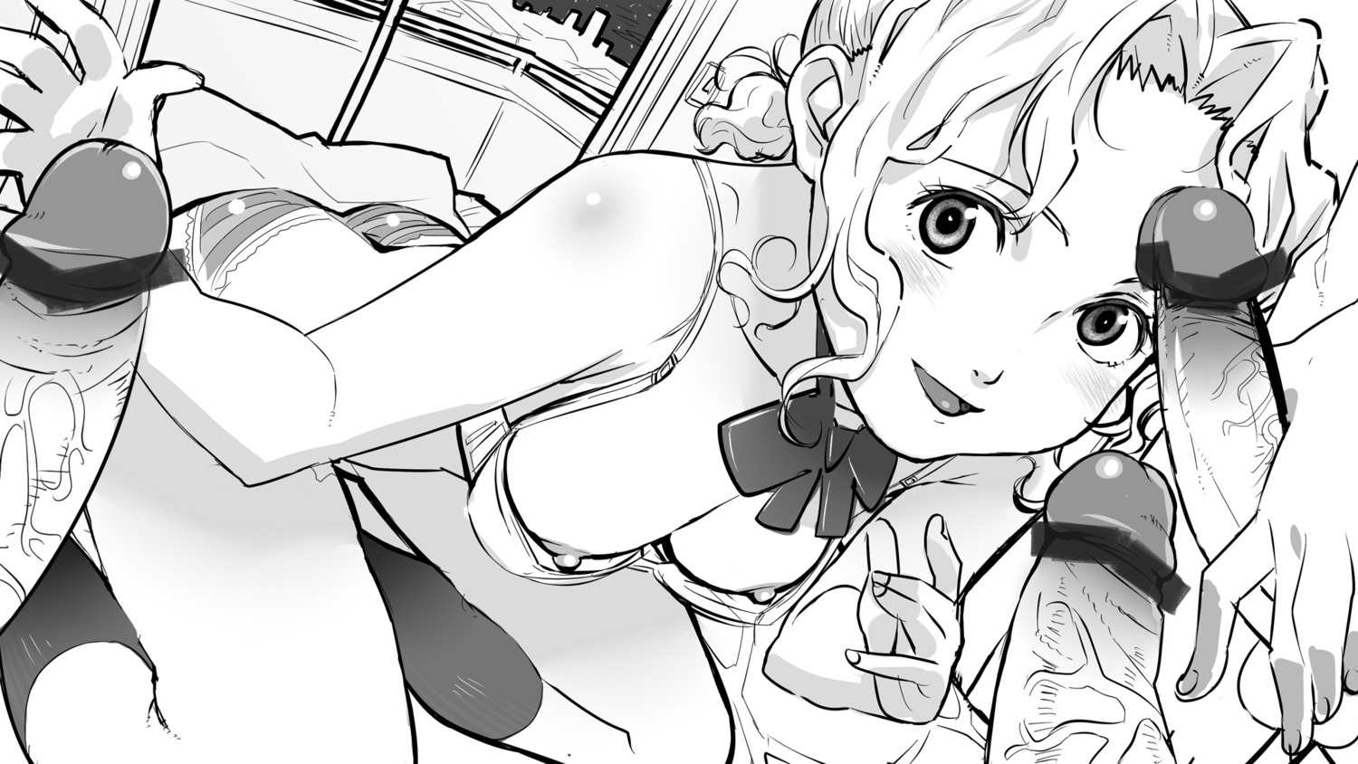 bra breasts censored dutch_angle female highres lingerie male monochrome multiple_penises nipples original panties penis rule34 solo striped striped_panties underwear
