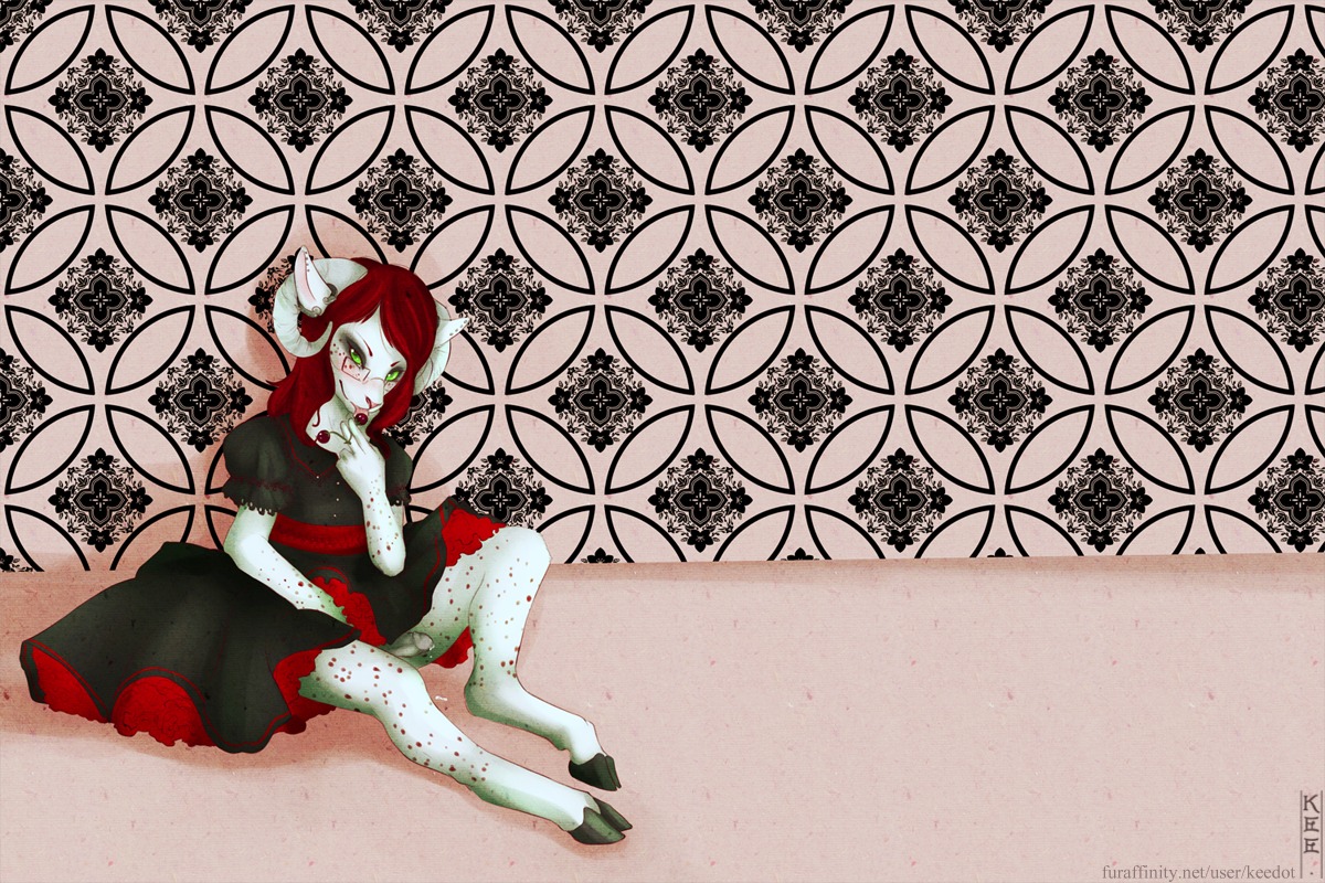 3:2 alternative_fashion bodily_fluids bovid caprine cherry clothed clothing crossdressing cum dress e621 erection eyewear femboy food fruit genital_fluids genitals glasses goat goth gothic_lolita hooves j-fashion keedot lolita_(fashion) looking_at_viewer male mammal penis plant sitting solo
