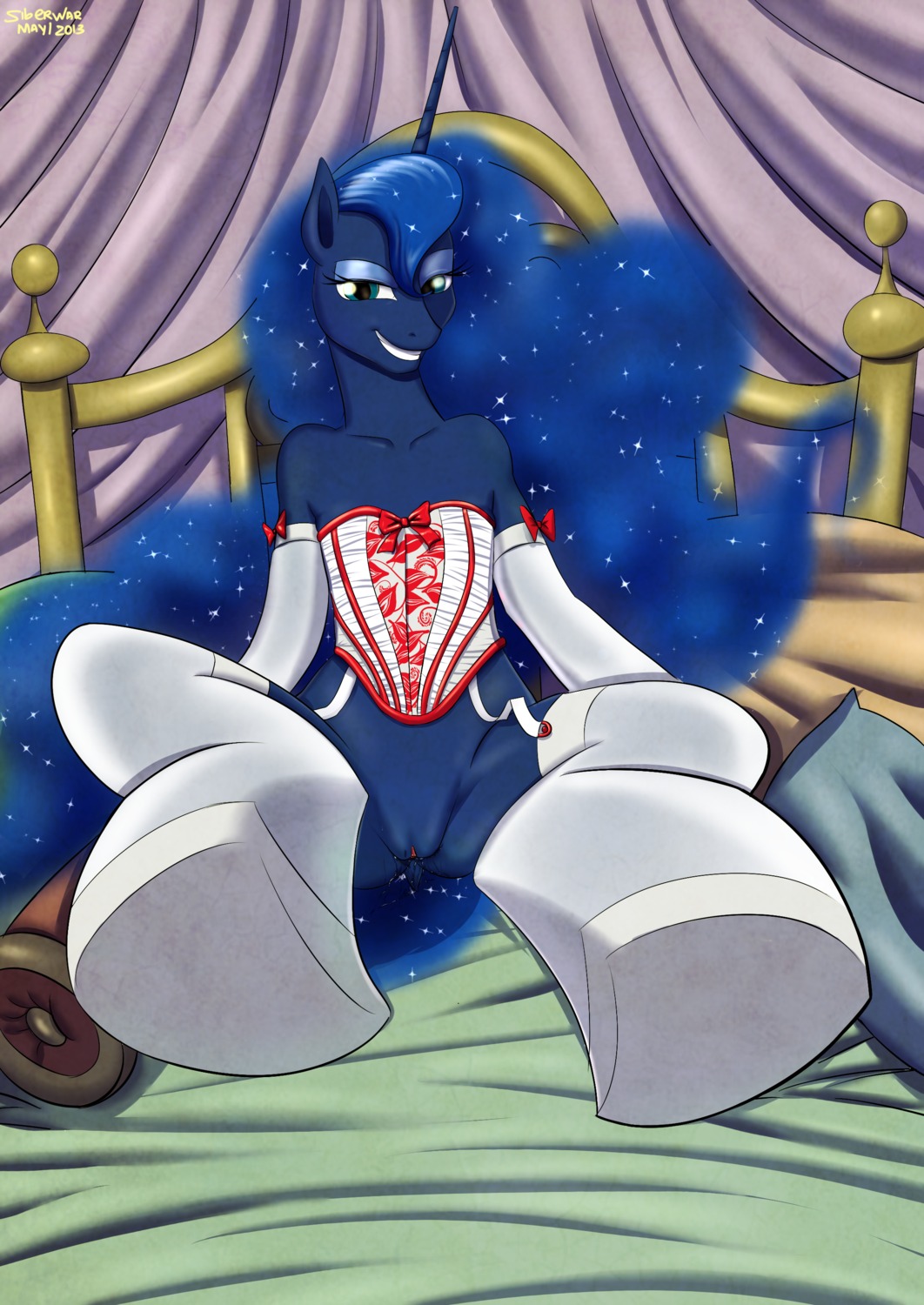 absurd_res anthro anthrofied bed e621 equid equine female friendship_is_magic furniture genitals hasbro hi_res horse looking_at_viewer mammal my_little_pony pony princess princess_luna_(mlp) royalty siberwar smile solo tail vulva