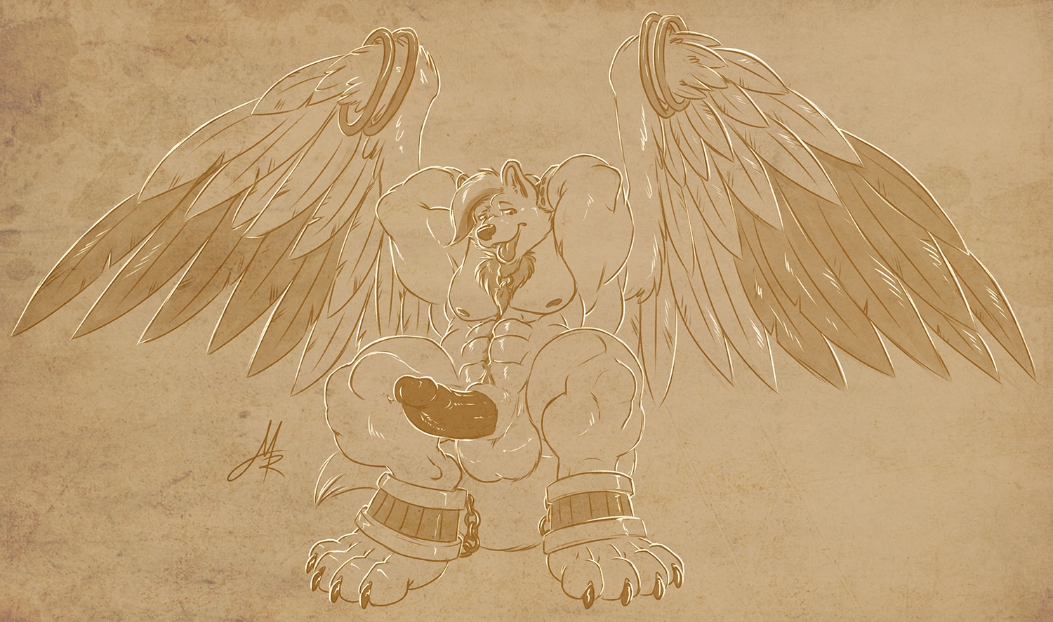 abs angel anthro balls canid canine canis e621 erection feathered_wings feathers genitals male mammal modem_redpill penis pose silverlonewolf solo tail wings wolf