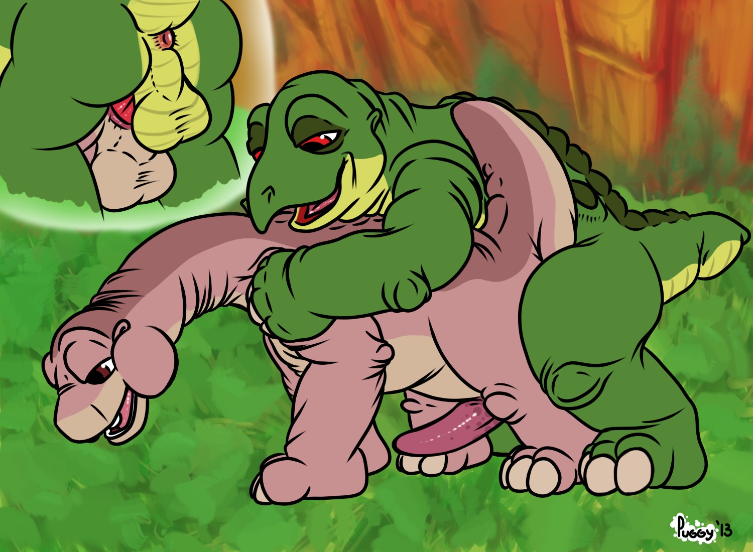 2013 3_toes all_fours anal anal_penetration anus apatosaurus backsack bald balls barefoot black_eyes brown_body brown_eyes brown_skin butt close-up dinosaur diplodocid diplodocoid doggystyle don_bluth duo e621 erection feet feral feral_on_feral from_behind_position genitals glistening grass green_body green_nose green_skin happy littlefoot looking_pleasured male male/male male_penetrated male_penetrating male_penetrating_male narrowed_eyes nude open_mouth ornithischian outside penetration penis perineum pink_body pink_penis pink_skin plant prehistoric_species puggy raised_leg rear_view red_body red_eyes red_penis red_skin reptile saurischian sauropod sauropodomorph scalie sex shadow smile spike_(the_land_before_time) squint stegosaurian stegosaurus tail teeth the_land_before_time thyreophoran toes tongue top_hole young young_feral