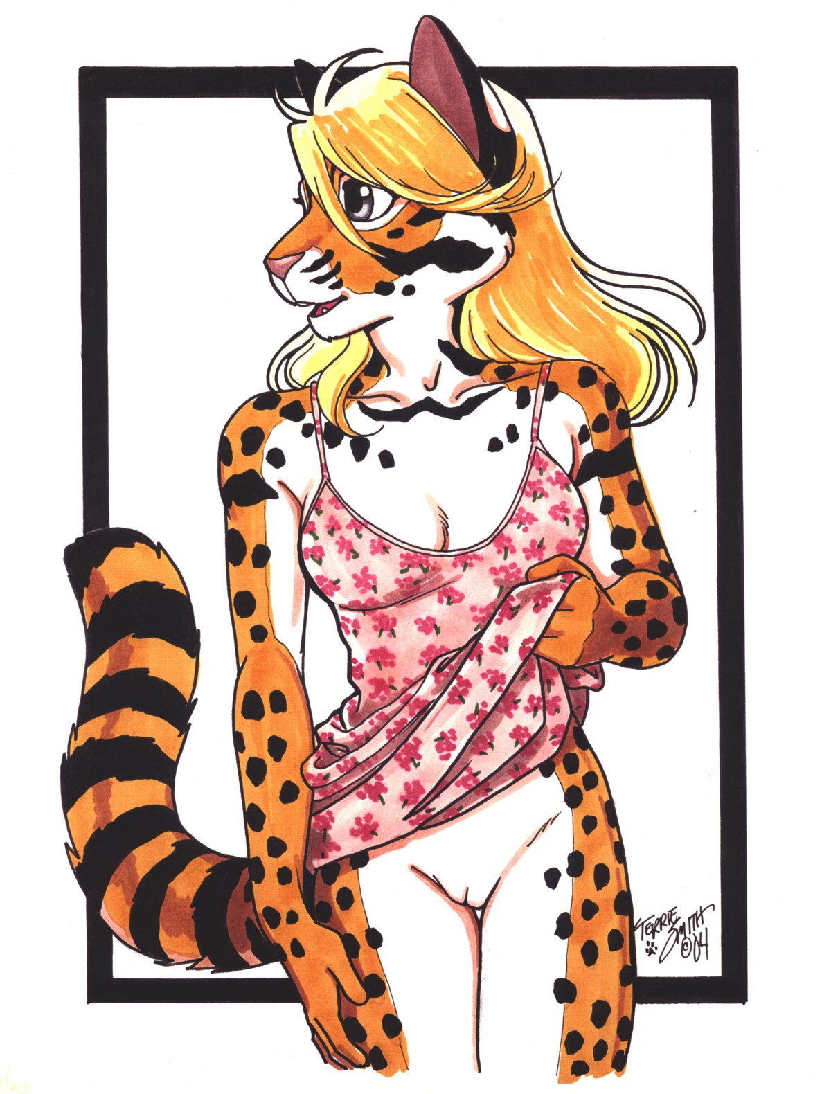 2004 absurd_res anthro blonde_hair bottomless breasts clothed clothing e621 felid female genitals hair hi_res mammal nude pantherine pinup pose signature solo stripes terrie_smith tiger traditional_media_(artwork) undressing vulva