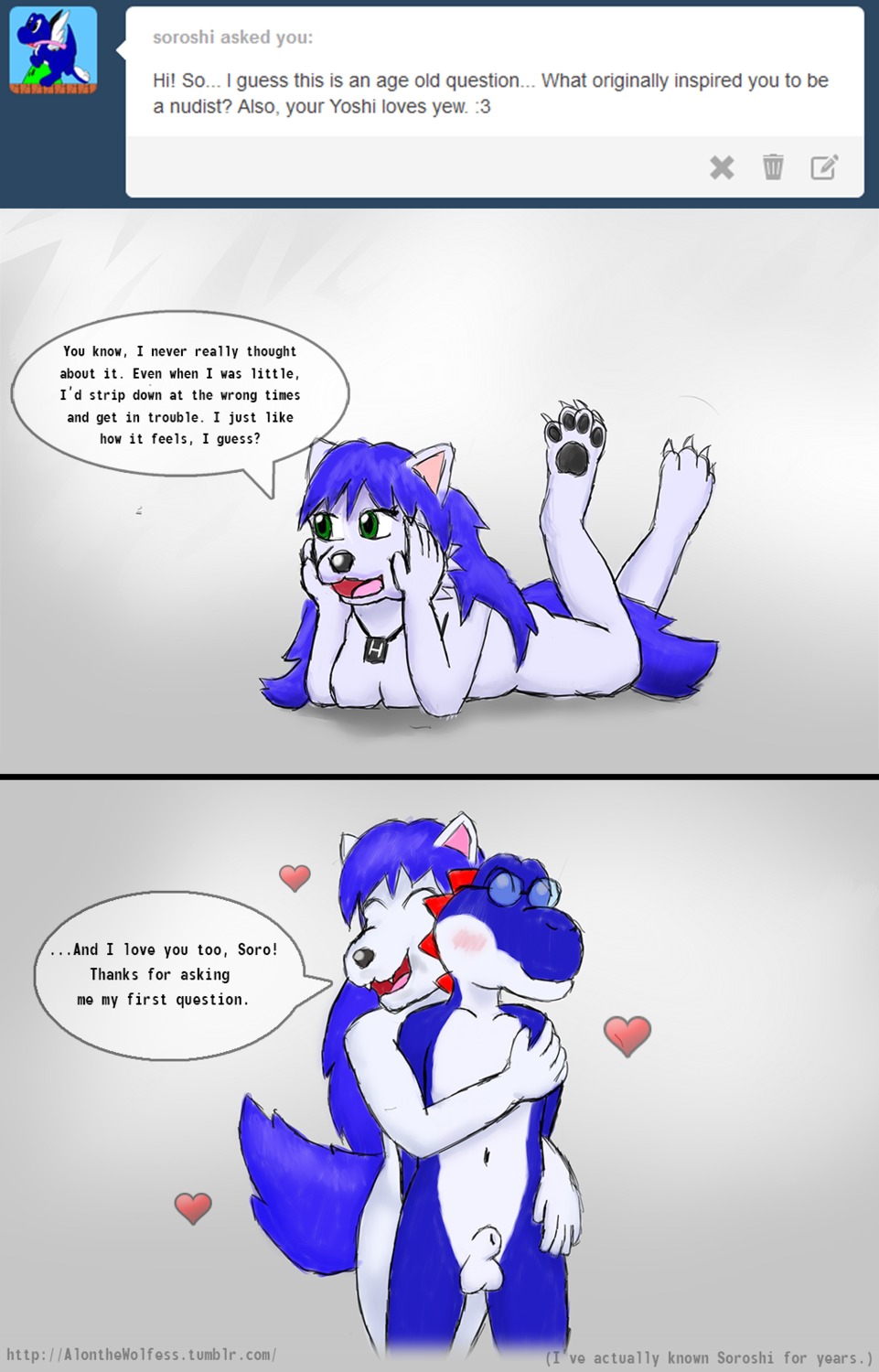 alon alonwoof animal_genitalia anthro ask_blog balls barefoot belly black_nose black_pawpads blue_body blue_fur blue_hair blue_tail blue_yoshi blush canid canine canis casual_nudity claws dialogue dinosaur duo e621 english_text eyes_closed eyewear feet female fluffy fluffy_tail fully_sheathed fur genitals glasses green_eyes hair heart_symbol hi_res hug hugging_another hugging_from_behind humanoid_hands jewelry lobani lying male mammal mario_bros navel necklace nintendo nude on_front open_mouth open_smile pawpads paws penis pink_tongue prehistoric_species reptile scalie sheath simple_background slim smile soroshi standing tail teeth text tongue tumblr url white_background white_balls white_belly white_body white_claws white_fur white_penis wolf yoshi