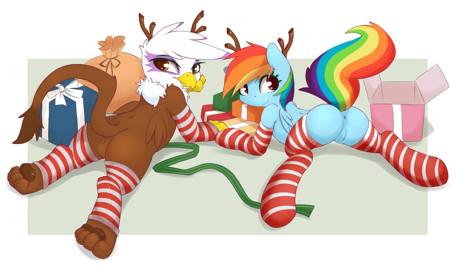 antlers anus avian beak blue_body blue_feathers blue_fur clothing duo e621 equid equine feathered_wings feathers female feral footwear friendship_is_magic fur genitals gift gilda_(mlp) grumblepluck gryphon hair hasbro hi_res horn legwear looking_at_viewer mammal multicolored_hair multicolored_tail my_little_pony mythological_avian mythological_creature mythological_equine mythology pegasus presenting rainbow_dash_(mlp) rainbow_hair rainbow_tail socks stockings tail vulva wings
