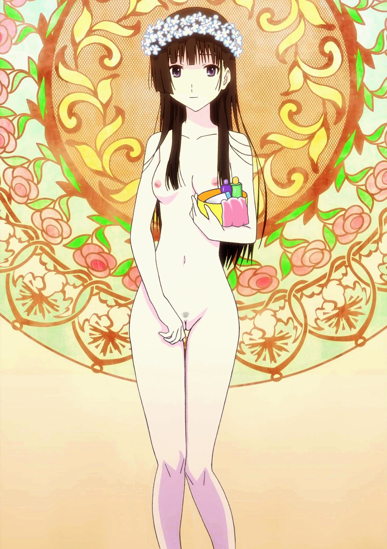 black_hair breasts female female_only highres human long_hair nipples nude nude_filter photoshop pointy_chin pubic_hair pussy rule34 sanka_rea sankarea screencap small_breasts solo thigh_gap uncensored