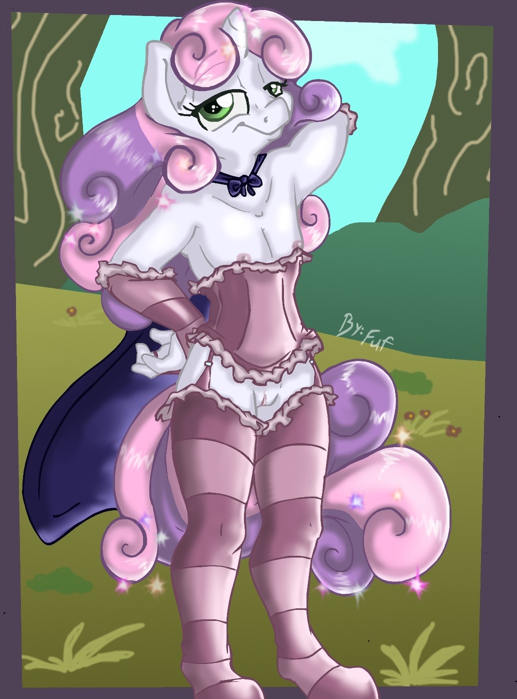 2013 anthro anthrofied cape clothing cloud e621 equid equine female friendship_is_magic fuf fur garter_straps genitals green_eyes hair hasbro hi_res horn legwear lingerie looking_at_viewer mammal multicolored_hair my_little_pony mythological_creature mythological_equine mythology nipples outside sky solo stockings sweetie_belle_(mlp) two_tone_hair unicorn vulva white_body white_fur