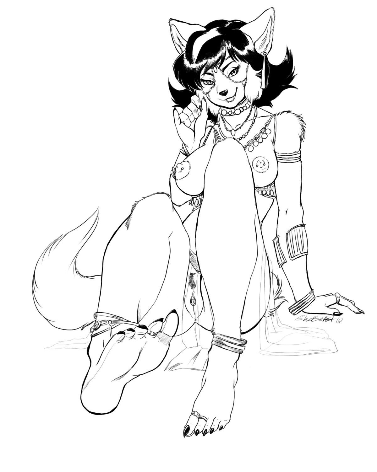 anklet anthro armlet black_hair bracelet breasts circlet clitoris clitoris_piercing e621 ear_piercing eyebrows eyelashes feet felid felina_feral female female_anthro genital_piercing genitals hair hanna-barbera harem harem_jewelry harem_outfit hi_res hindpaw jewelry mammal monochrome nipple_piercing nipples paws piercing shebeast simple_background solo swat_kats tail veil vulva vulva_piercing white_background