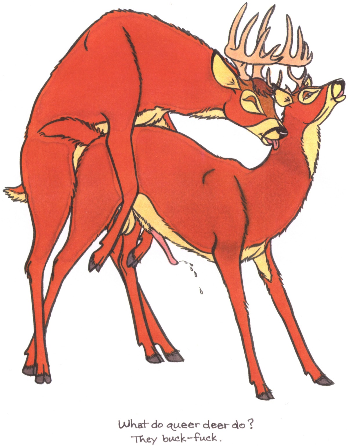 absurd_res all_fours anal anal_penetration animal_genitalia animal_penis antlers balls black_hooves black_markings bodily_fluids brown_eyes brown_hair cervine_genitalia cervine_penis cloven_hooves cum cum_while_penetrated cumshot deer doggystyle duo e621 ejaculation english_text erection eyes_closed feral feral_on_feral from_behind_position fur genital_fluids genitals hair hands-free hi_res hooves horn humor joke lemon_testicles licking looking_pleasured making_out male male/male male_penetrated male_penetrating male_penetrating_male mammal markings mating_grip mounting multicolored_body multicolored_fur new_world_deer open_mouth orgasm penetration penis pink_penis precum profanity pun quadruped red_body red_fur rounded_back sex simple_background tan_body tan_fur text thin_penis tim_o'rourke tongue tongue_out traced traditional_media_(artwork) two_tone_body two_tone_fur warm_colors white-tailed_deer white_background yellow_body yellow_fur