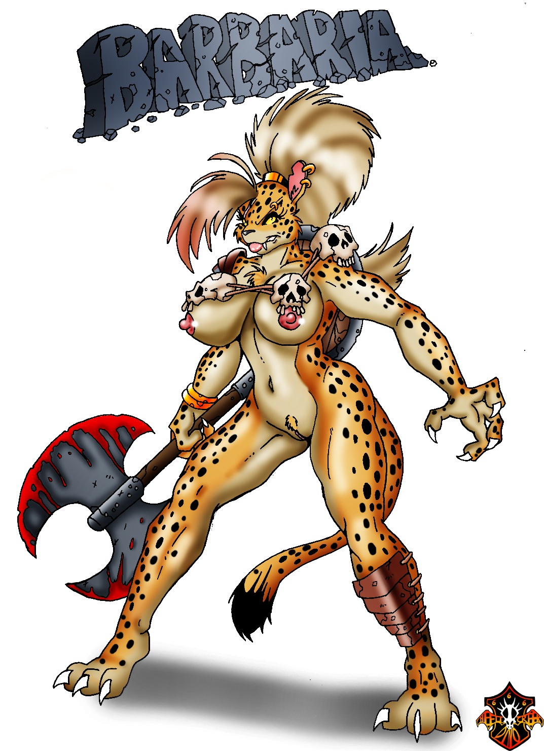 amazon anthro armor axe barbaria barbarian big_hair blood bodily_fluids bone breasts cheetah double_bitted_axe e621 felid feline female genitals hair hi_res holding_object holding_weapon lordstevie mammal melee_weapon muscular muscular_anthro muscular_female nipples shield simple_background skull solo tail text thick_thighs unconvincing_armor vulva warrior weapon