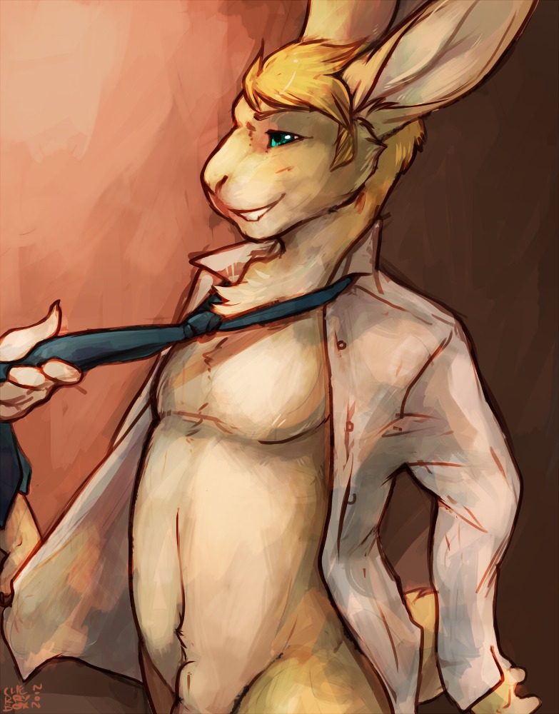 accessory animal_genitalia anthro bottomless clothed clothing conditional_dnp e621 fully_sheathed garnetto genitals lagomorph leporid male mammal necktie open_clothing open_shirt open_topwear rabbit sheath shirt solo topwear