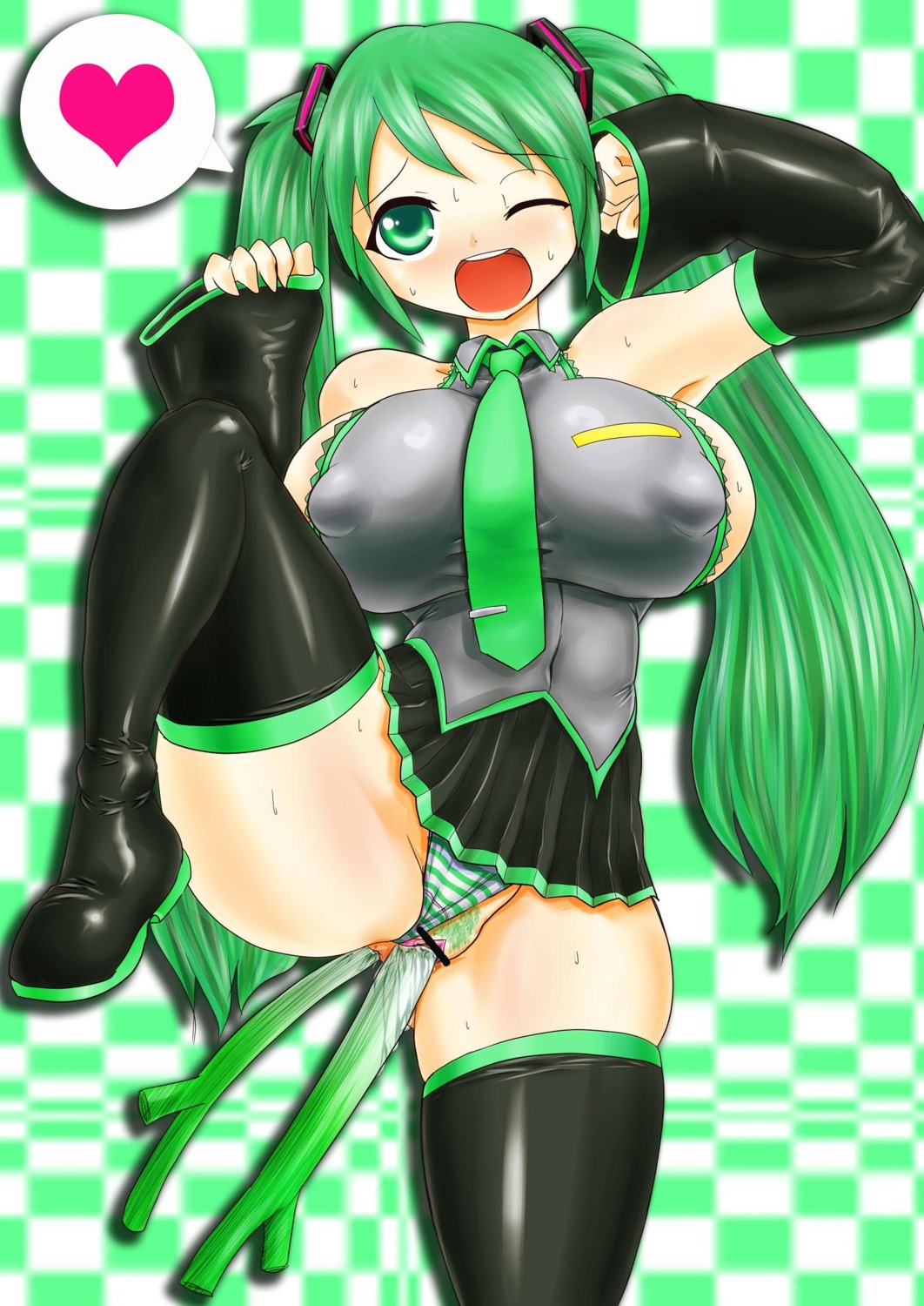 1girl anal anal_object_insertion boots breasts censored checkered_background clothing_aside covered_nipples detached_sleeves female female_pubic_hair green_eyes green_hair hatsune_miku heart huge_breasts large_breasts long_hair necktie object_insertion one_eye_closed open_mouth panties panties_aside pubic_hair pussy rule34 skirt solo spring_onion striped striped_panties sweat tagme thighhighs twintails underwear vaginal very_long_hair vocaloid
