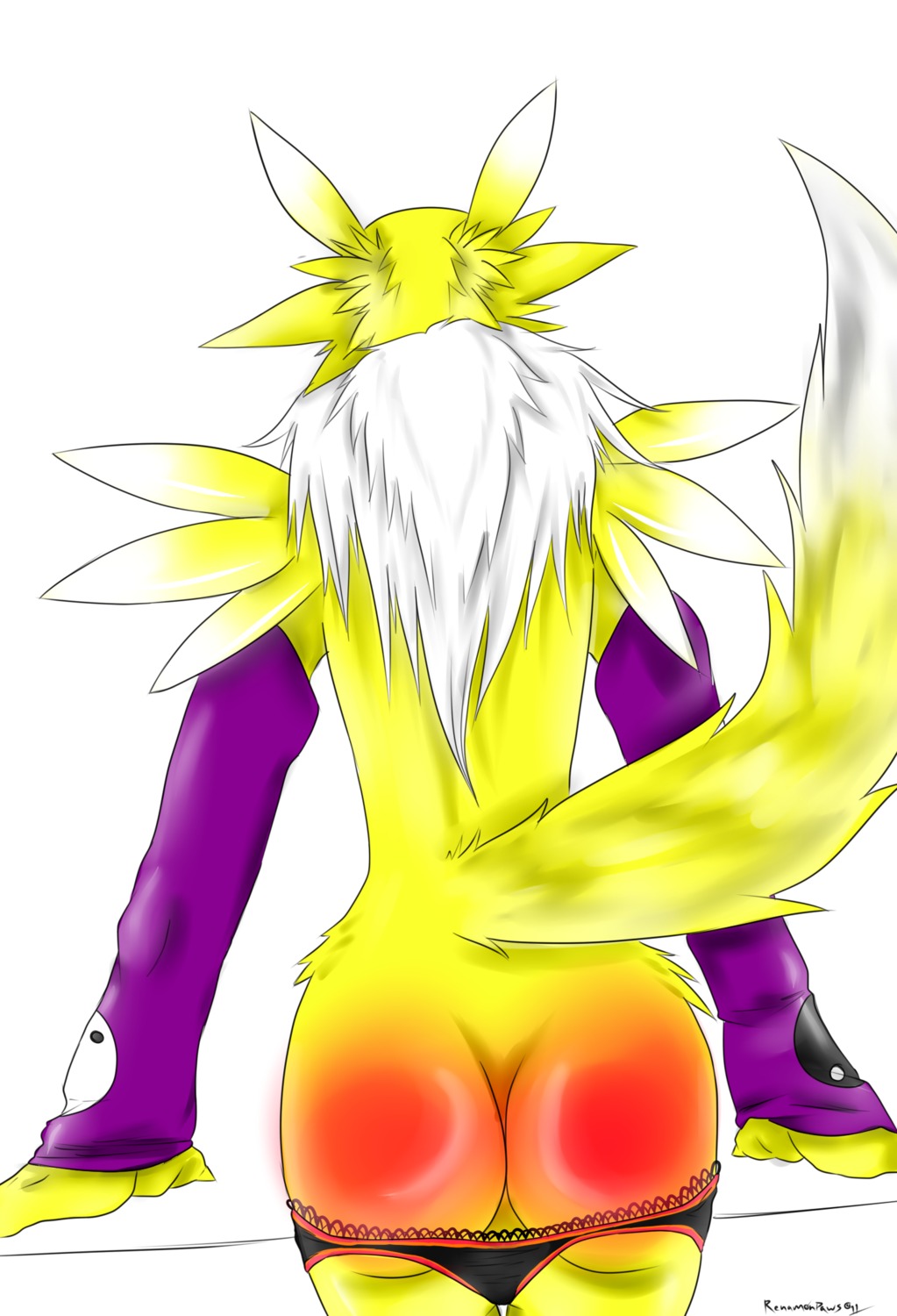 anthro back_view clothing color digimon female female_only fur furry furry_tail panties raised_tail renamon rule34 solo spanked tagme tail