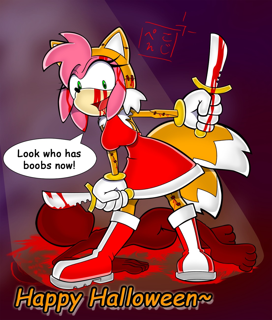amy_rose anthro blood bodily_fluids breasts canid canine clothed clothing corpse costume death digital_media_(artwork) duo e621 english_text eulipotyphlan female fox fur gender_transformation gore halloween hedgehog hi_res holiday_message holidays humor knife male mammal miles_prower pensuke-kun pink_body pink_fur sega skinning solo_focus sonic_the_hedgehog_(series) surgical_operation tail text transformation