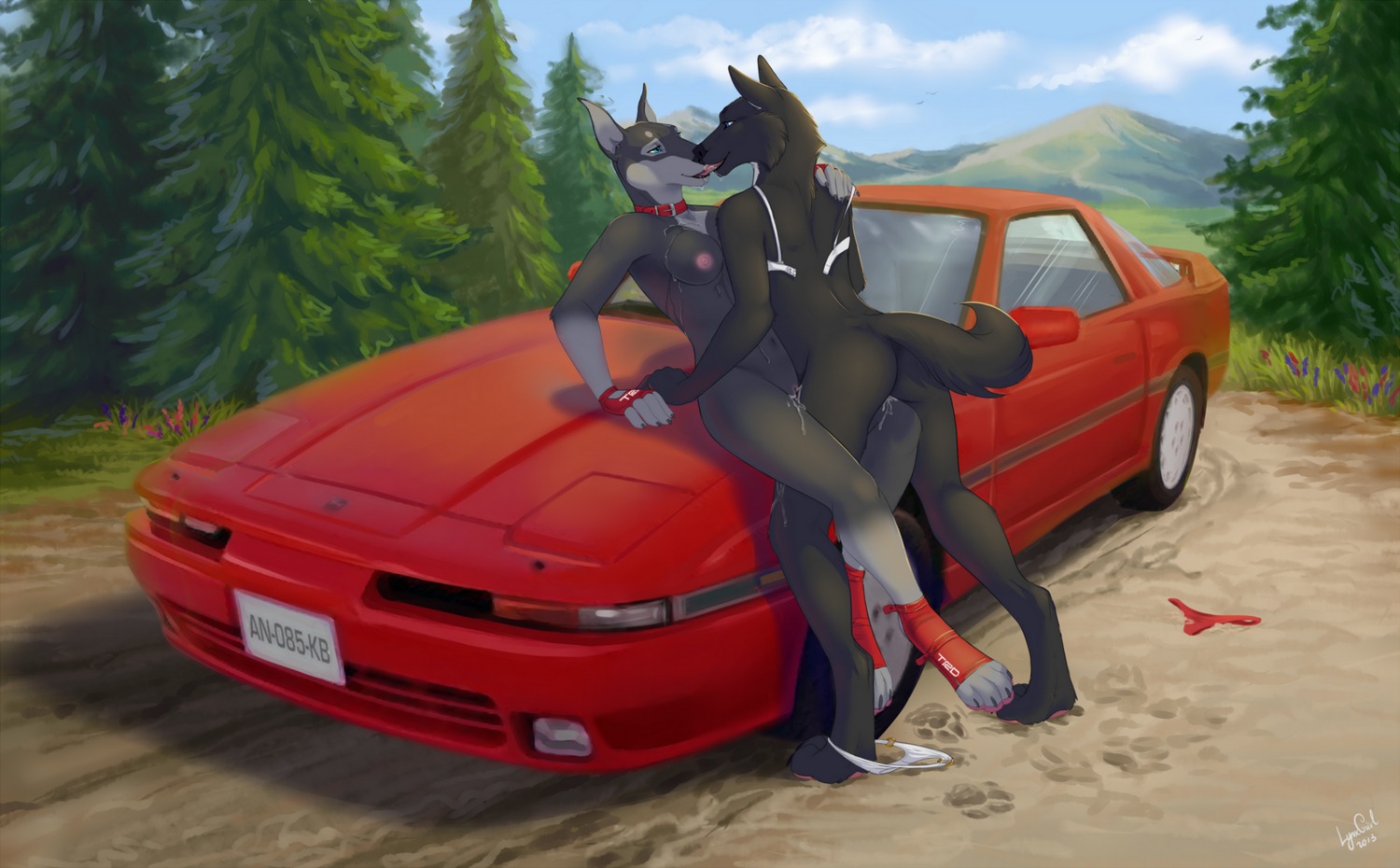 2013 anthro anthro_on_anthro black_body black_fur black_nose blue_eyes bodily_fluids bra breasts canid canine canis car clothed clothing clothing_around_one_leg cloud collar detailed_background digital_media_(artwork) dobermann domestic_dog drooling duo e621 eye_contact female female/female fingerless_gloves forest french_kissing fur genital_fluids gloves grinding half-closed_eyes handwear headlight hi_res kissing looking_at_another mammal messy mostly_nude narrowed_eyes navel nipples nude on_hood outside panties panties_around_one_leg panties_down partially_clothed pinscher plant reallynxgirl saliva sex sky toyota toyota_supra tree underwear underwear_around_one_leg underwear_down undressing vaginal_fluids vehicle wolf
