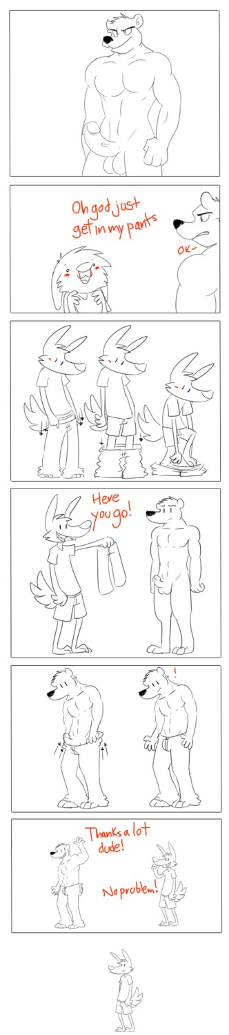 2011 anthro balls bear blush boxers_(clothing) bulge canid canine canis circumcised clothed clothing comic duo e621 english_text erection genitals hi_res humor lizk lizkmb long_image male mammal monochrome muscular nude penetration penis shirt simple_background solo tail tall_image text topless topwear underwear undressing what white_background wolf