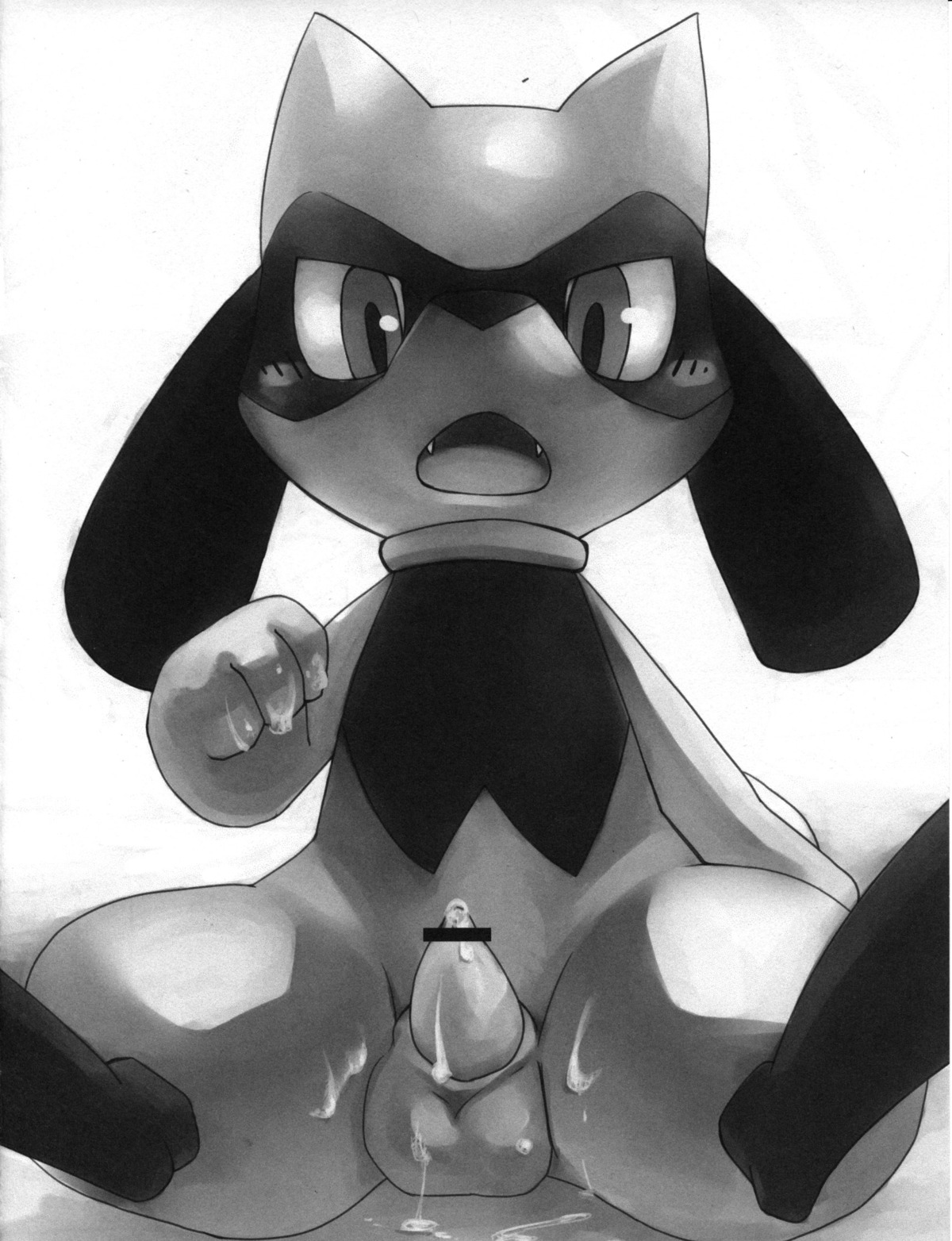 1boy ball_(object) censored cum greyscale male male_only monochrome penis pokemon riolu rule34 solo