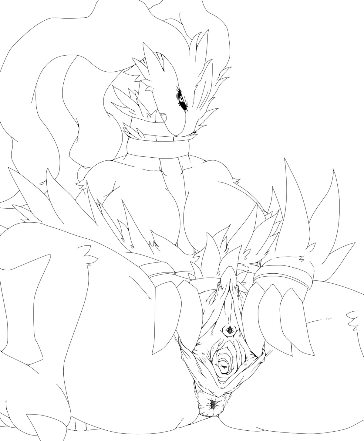 anus big_anus big_breasts big_clitoris breasts claws clitoris crotch_tuft e621 erect_clitoris eyelashes female generation_5_pokemon genitals hi_res legendary_pokemon looking_at_viewer monochrome naturally_censored nintendo nipple_tuft open_mouth pokemon pokemon_(species) reshiram san_ruishin simple_background sketch solo spread_legs spread_vulva spreading tuft urethra vulva white_background