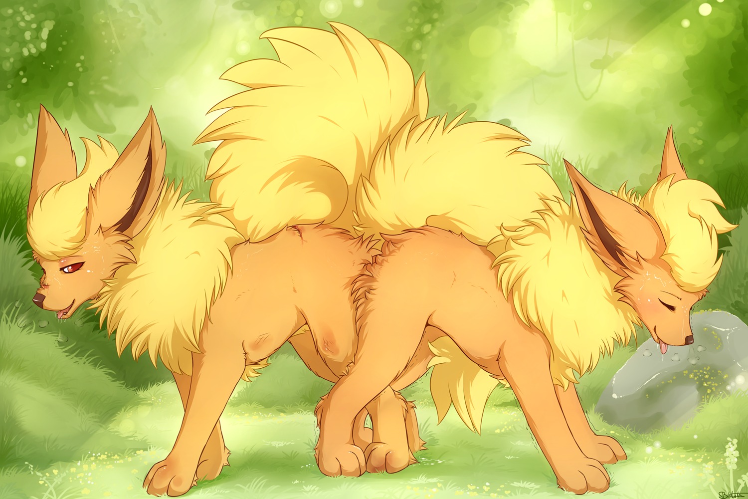 3:2 after_sex all_fours ambiguous_gender blackfury bodily_fluids bruised canid canine detailed_background dirty duo e621 eeveelution eyes_closed feral flareon generation_1_pokemon grass hi_res knotting male male/ambiguous mammal nature nintendo outside penetration plant pokemon pokemon_(species) restricted_palette rock saliva scar sex shaking shivering side_view standing tail tongue tongue_out