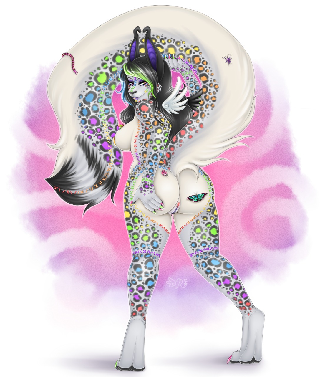 1girls 2012 2d abstract_background anthro ass big_tail black black_hair black_nose blue blue_hair breasts butterfly claws digitigrade fangs feline female female_only fluffy_tail full_body fur furry green green_hair hair hindpaw insects leopard lips long_hair looking_at_viewer looking_back multicolored_hair nails nude orange paws presenting presenting_hindquarters purple pussy red red_eyes roum rule34 scene_hair sideboob smile solo spots standing stitches tail thighs white_fur wide_hips wings yellow