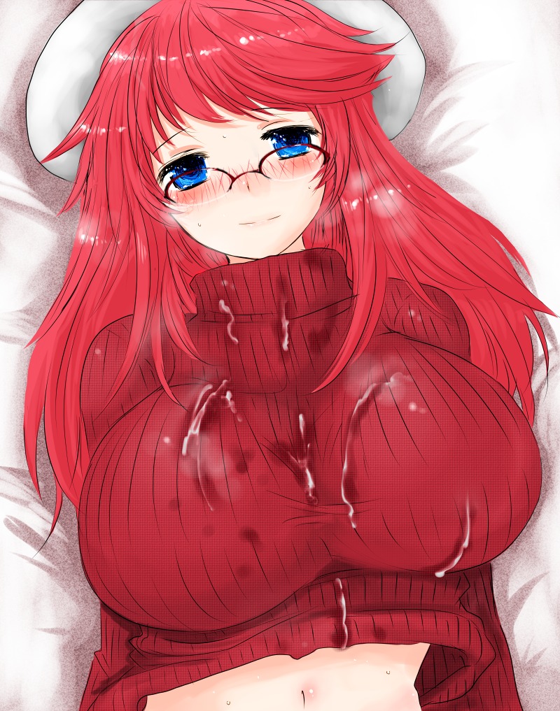 1girls after_sex aty bed big_breasts blue_eyes breasts character_request cum cum_on_clothes female glasses han64 han_(jackpot) hat huge_breasts long_hair lying navel red_hair rule34 smell solo stain steam summon_night summon_night_3 sweater turtleneck upper_body