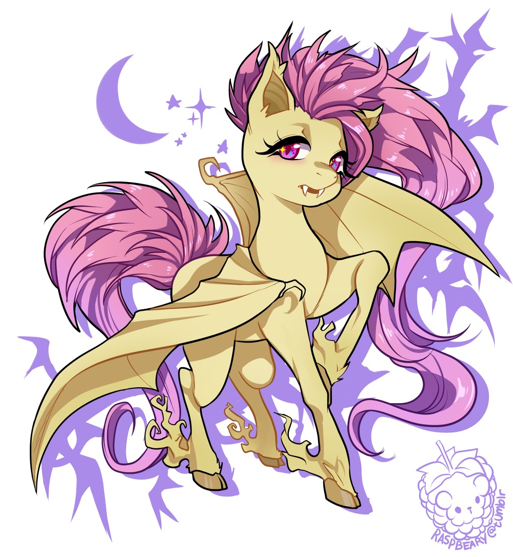 2014 bat_pony bat_wings e621 equid fangs female feral flutterbat_(mlp) fluttershy_(mlp) friendship_is_magic fur hair hasbro hooves hybrid long_hair looking_at_viewer mammal membrane_(anatomy) membranous_wings moon my_little_pony open_mouth pink_hair raised_hoof raspbeary red_eyes simple_background solo standing star teeth white_background wings yellow_body yellow_fur