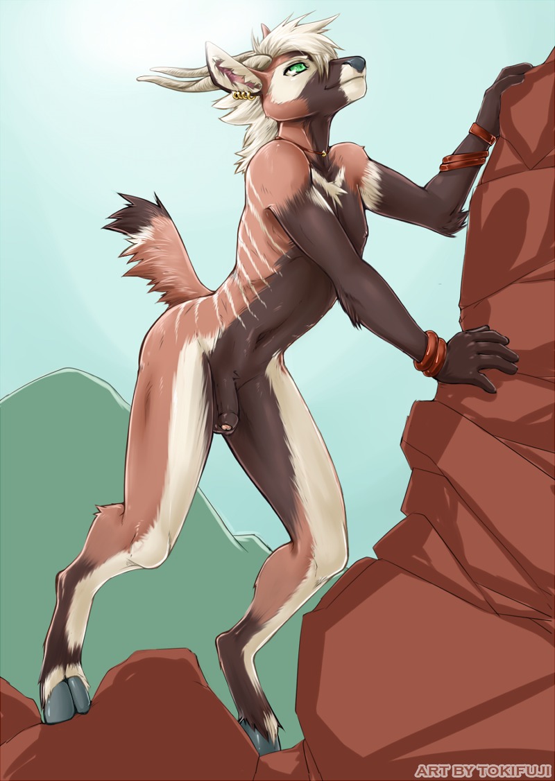 antelope anthro bashiri_(shadeba) bongo_(antelope) bovid bovine bracelet climbing countershading e621 flaccid foreskin genitals hooves horn humanoid_genitalia humanoid_penis jewelry male mammal nude penis rock rock_climbing solo spiral-horned_antelope text tokifuji