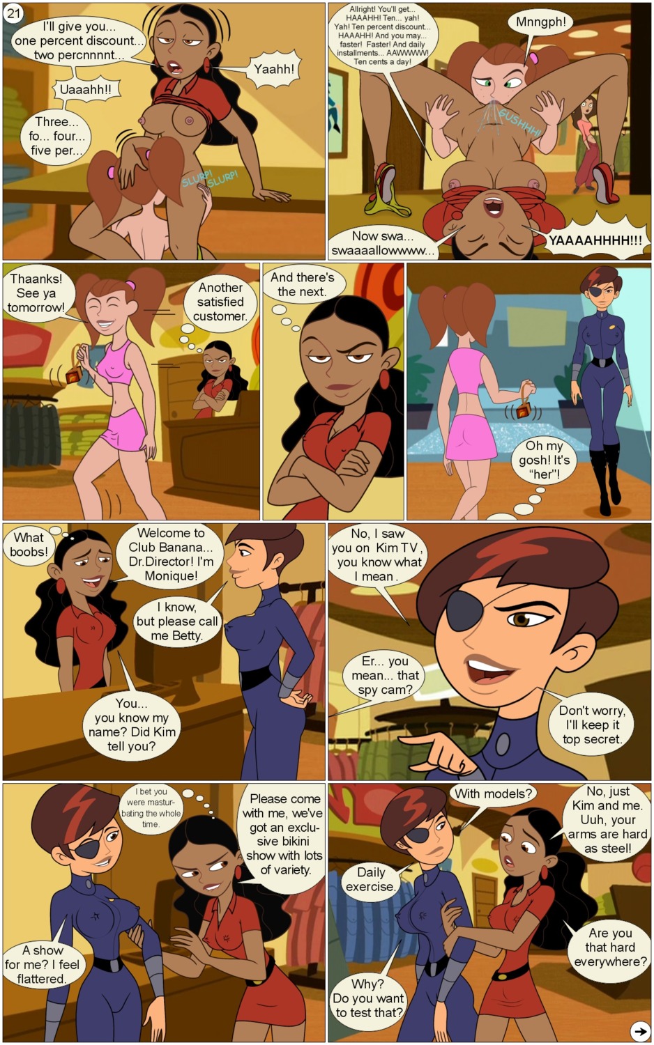 betty_director bottomless caught comic cum cum_in_mouth cunnilingus disney disney_channel eating_pussy female gagala kim_possible monique_(kim_possible) nipples no_bra oh_betty! orgasm page_21 public_sex pussy rule34 straight_hair yuri