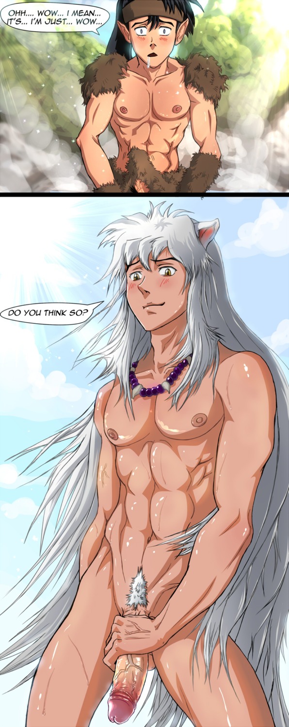 2boys anma blush demon erection erection_under_clothes foreskin fully_retracted_foreskin gay inuyasha inuyasha_(character) koga long_hair male male_only necklace nipples penis penis_awe retracted_foreskin rule34 uncensored uncircumcised yaoi