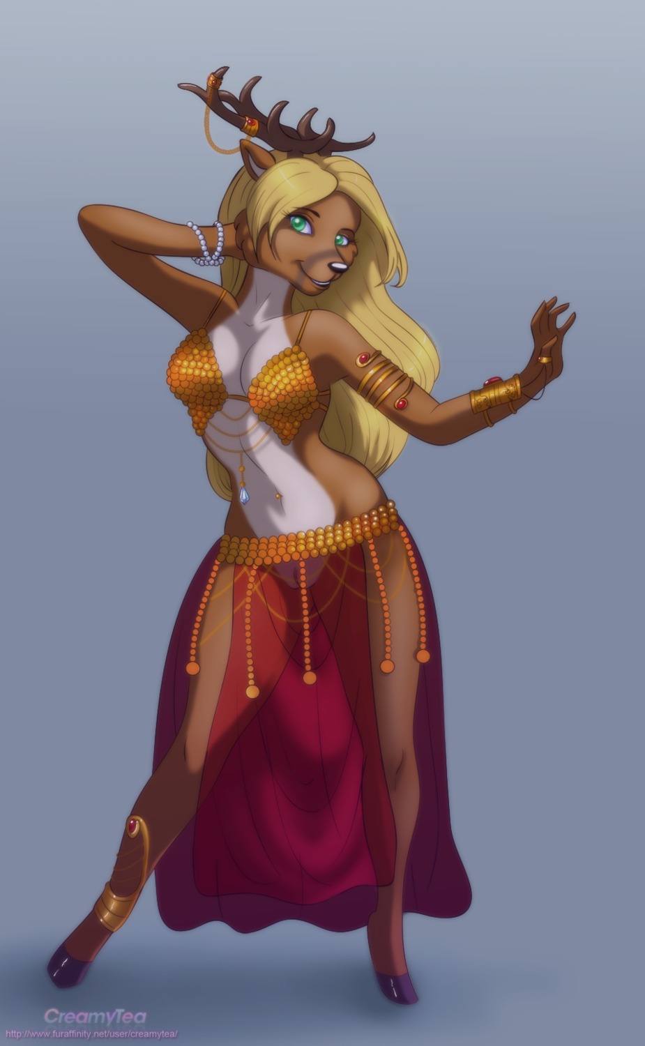 2013 anklet anthro armlet black_nose blonde_hair bra bracelet breasts brown_body brown_fur clothing creamytea dancing deer e621 female fur genitals green_eyes grey_background hair harem harem_outfit hi_res hooves horn jewelry long_hair looking_at_viewer mammal navel navel_piercing piercing silk simple_background smile solo translucent translucent_clothing underwear vulva white_body white_fur