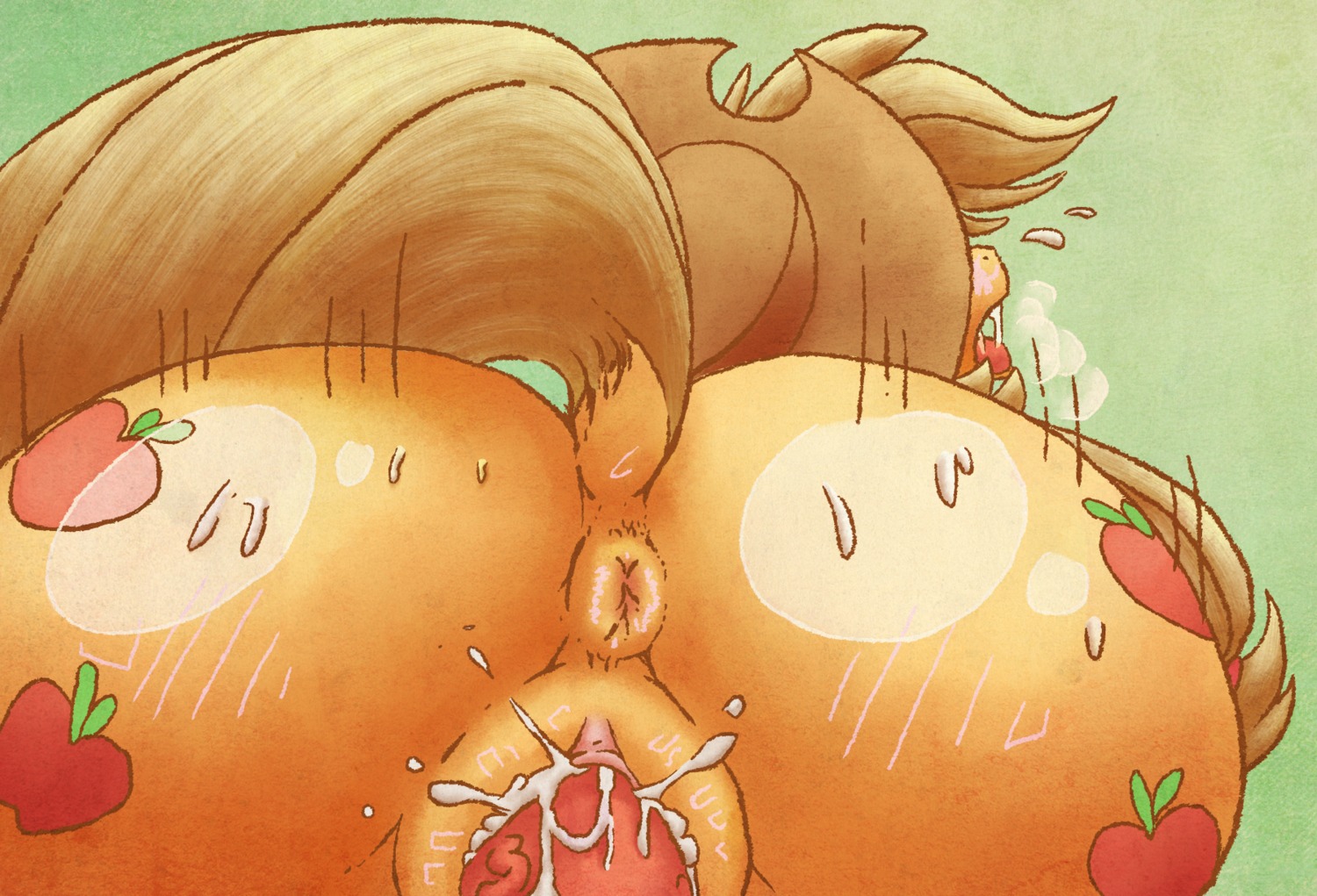 2013 anus apple applejack_(mlp) blonde_hair bodily_fluids butt chromaskunk clothing colored cowboy_hat cum cum_in_vagina cum_inside cutie_mark digital_media_(artwork) duo e621 earth_pony equid equine erection female feral food friendship_is_magic fruit fur genital_fluids genitals green_background hair hasbro hat headgear headwear hi_res horse male male/female mammal my_little_pony open_mouth orange_body orange_fur penis plant pony sex simple_background stoic5 sweat third-party_edit tongue vaginal vulva