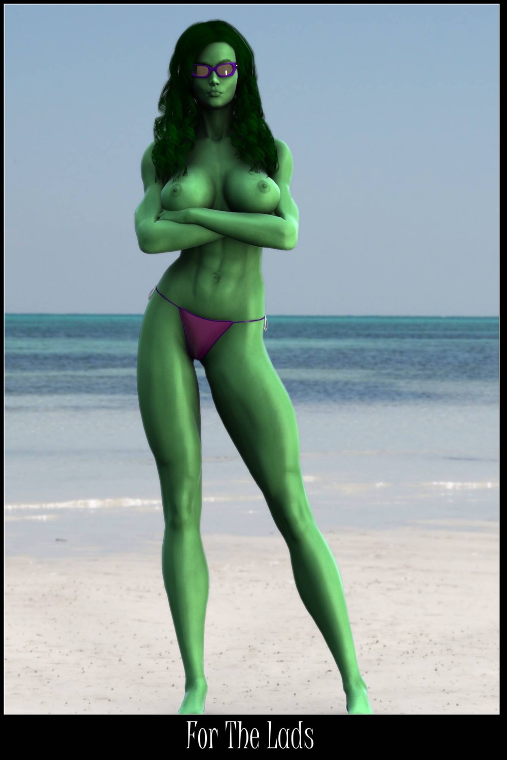 1girls 3d 3d_(artwork) abs beach big_breasts breasts female female_only green_hair green_skin hulk_(series) marvel marvel_comics muscles muscular muscular_female nipples rule34 she-hulk solo sunglasses topless unknown_artist