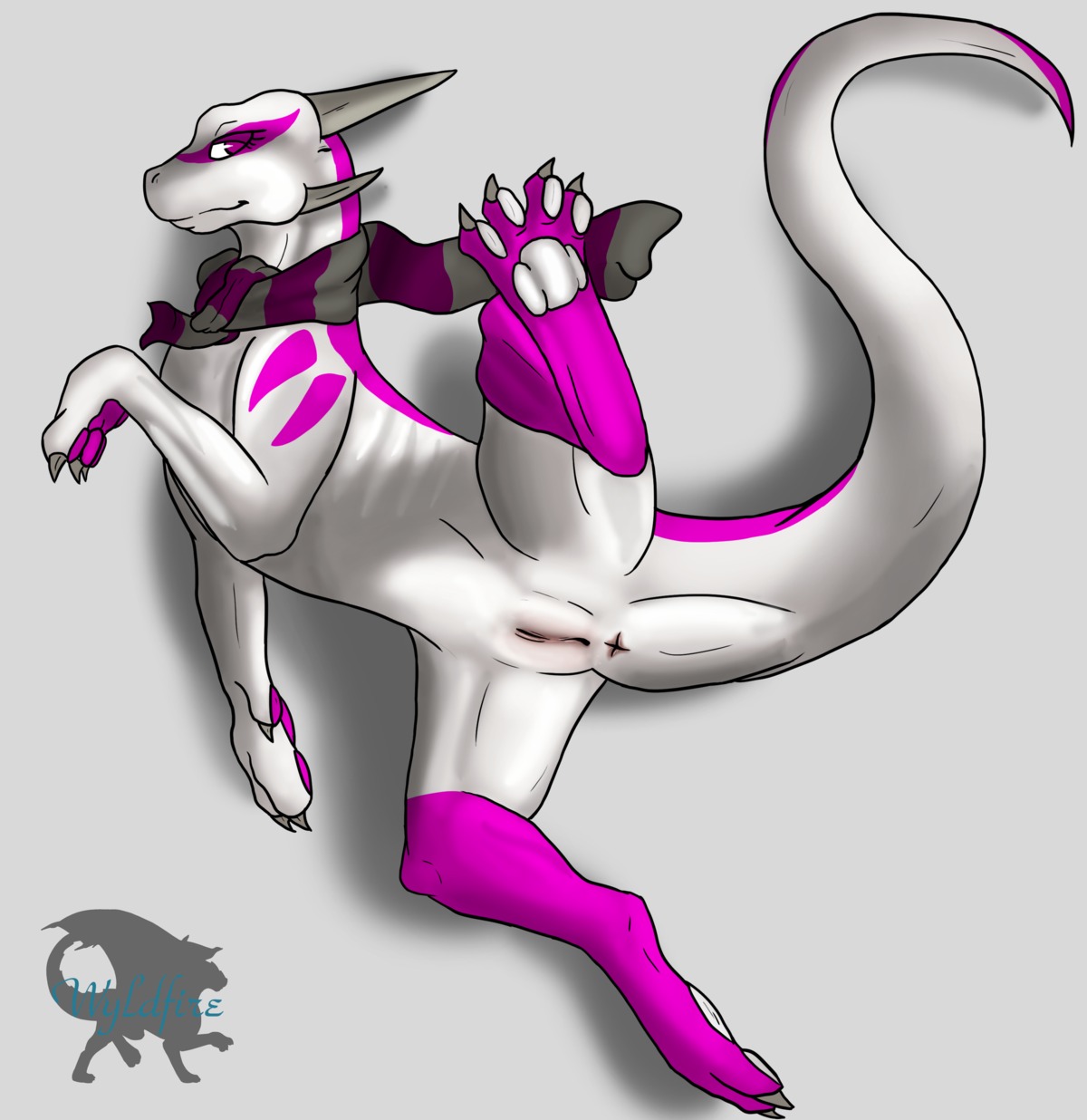4_toes absurd_res akira_(byzil) anus claws digitigrade dragon e621 feet female feral genitals hi_res hindpaw horn looking_at_viewer lying markings mythological_creature mythological_scalie mythology nude on_side pawpads paws pink_body pink_eyes pink_markings presenting presenting_vulva raised_leg restricted_palette scalie scarf simple_background soles solo spread_legs spreading tail toes vulva white_body wyldfire7
