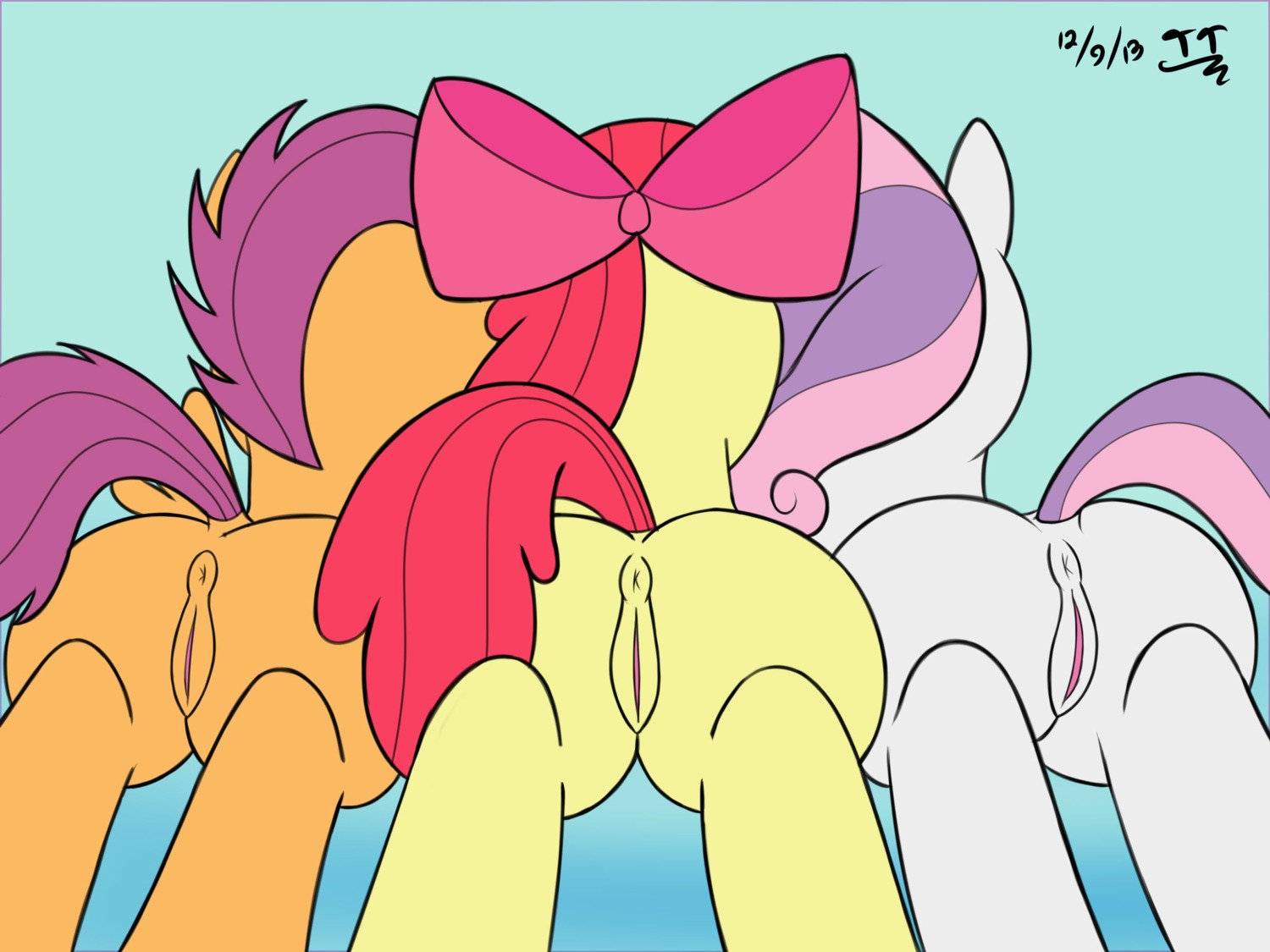 4:3 accessory anus apple_bloom_(mlp) blue_background bow_(feature) bow_accessory bow_ribbon cutie_mark_crusaders_(mlp) e621 earth_pony equid equine feathered_wings feathers female feral friendship_is_magic fur genitals group hair hair_accessory hair_bow hair_ribbon hasbro hi_res horse mammal my_little_pony mythological_creature mythological_equine mythology orange_body orange_feathers orange_fur pegasus pink_hair pony presenting presenting_anus presenting_vulva purple_hair red_hair ribbons scootaloo_(mlp) simple_background sweetie_belle_(mlp) take_your_pick tomtornados vulva what white_body white_fur wings yellow_body yellow_fur young young_feral