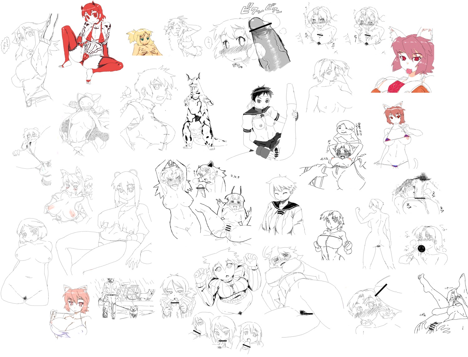 3boys ambiguous_gender blazblue breasts censored clothed dog erect_penis erection female large_breasts male monochrome nipples nude paizuri partially_colored penis pussy red_eyes red_hair rule34 sex sketch tagme taokaka text translation_request veins veiny_penis what