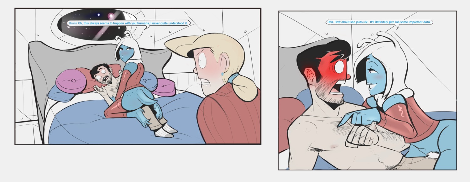 alien ambiguous_gender blue_body blue_skin comic dialogue e621 english_text female flirting group hair hi_res human male mammal modeseven open_mouth smile text